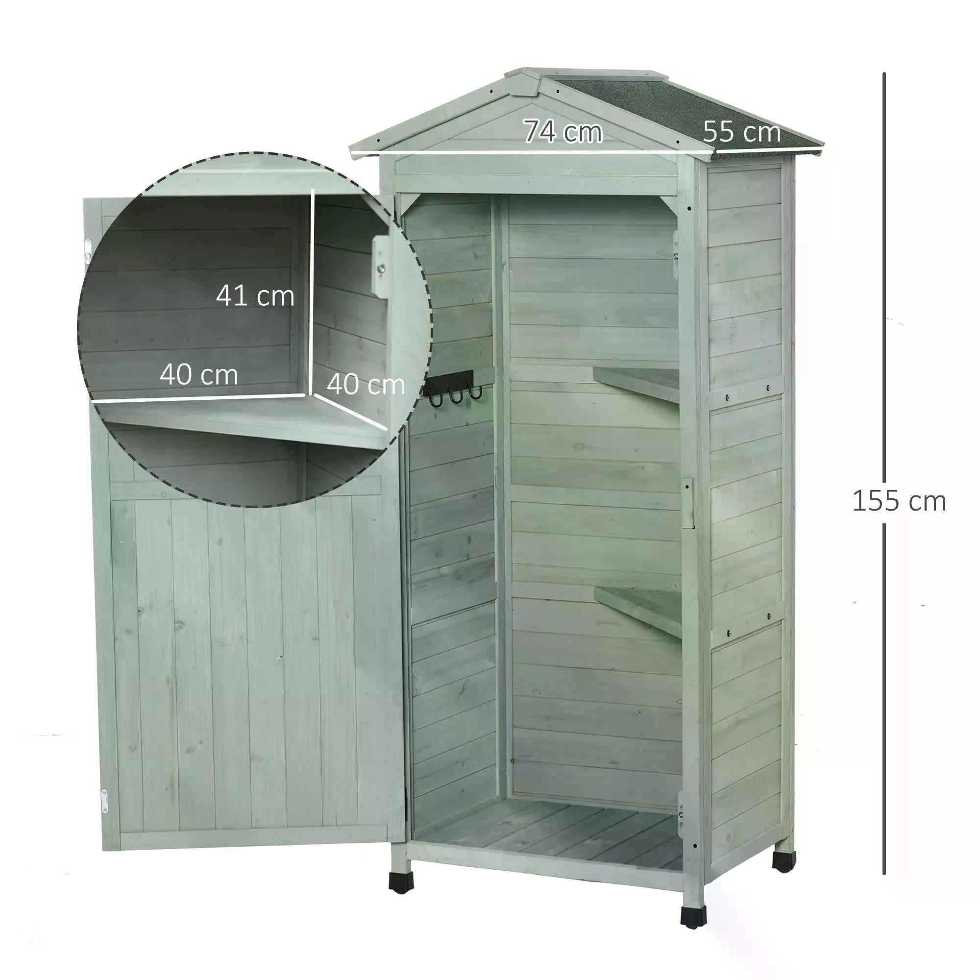 Outsunny Wooden Garden Cabinet 3-Tier Storage Shed 2 Shelves Lockable Organizer with Hooks Foot Pad 74 x 55 x 155cm Green - anydaydirect