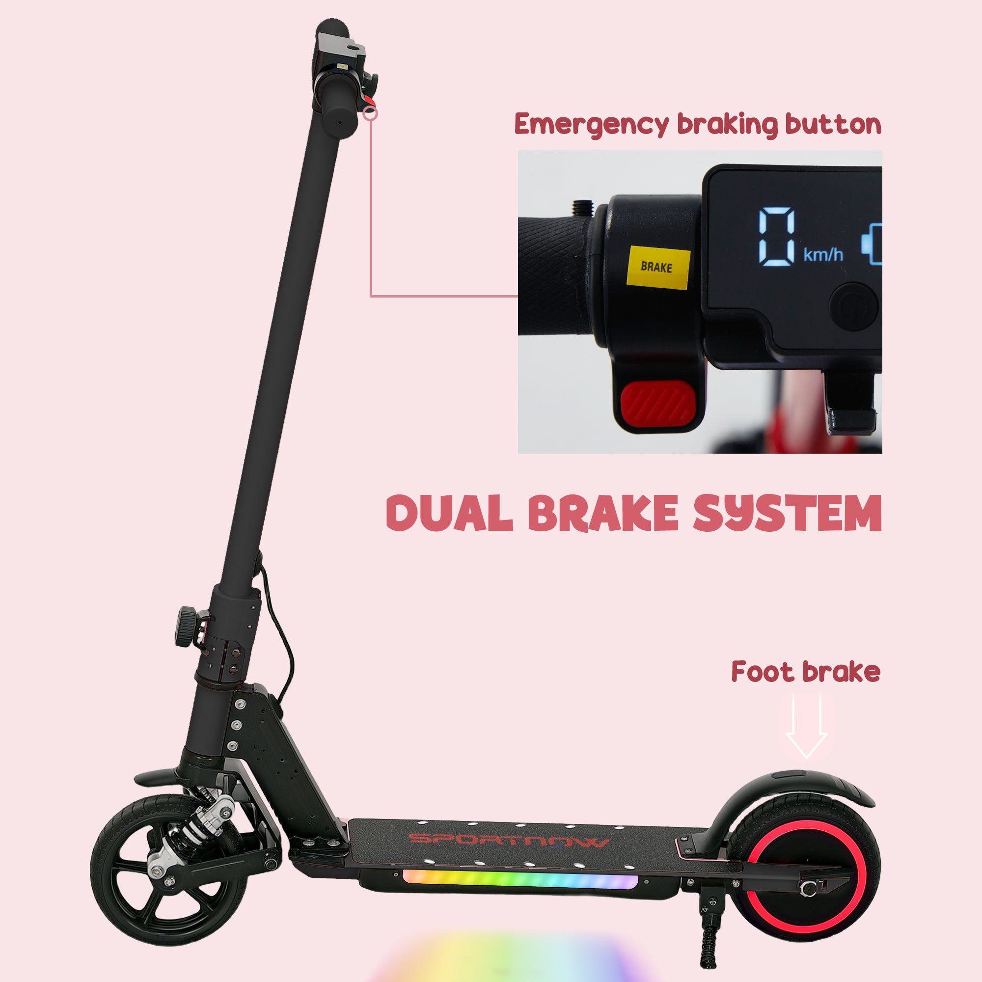 SPORTNOW Folding Electric Scooter for Kids Age 6-14 with Dual Brakes, Front Suspension, LED Colourful Lights and Display, 6.8kg Lightweight Aluminium E Scooter, Up to 14 KM/H & 6 KM, Black - anydaydirect