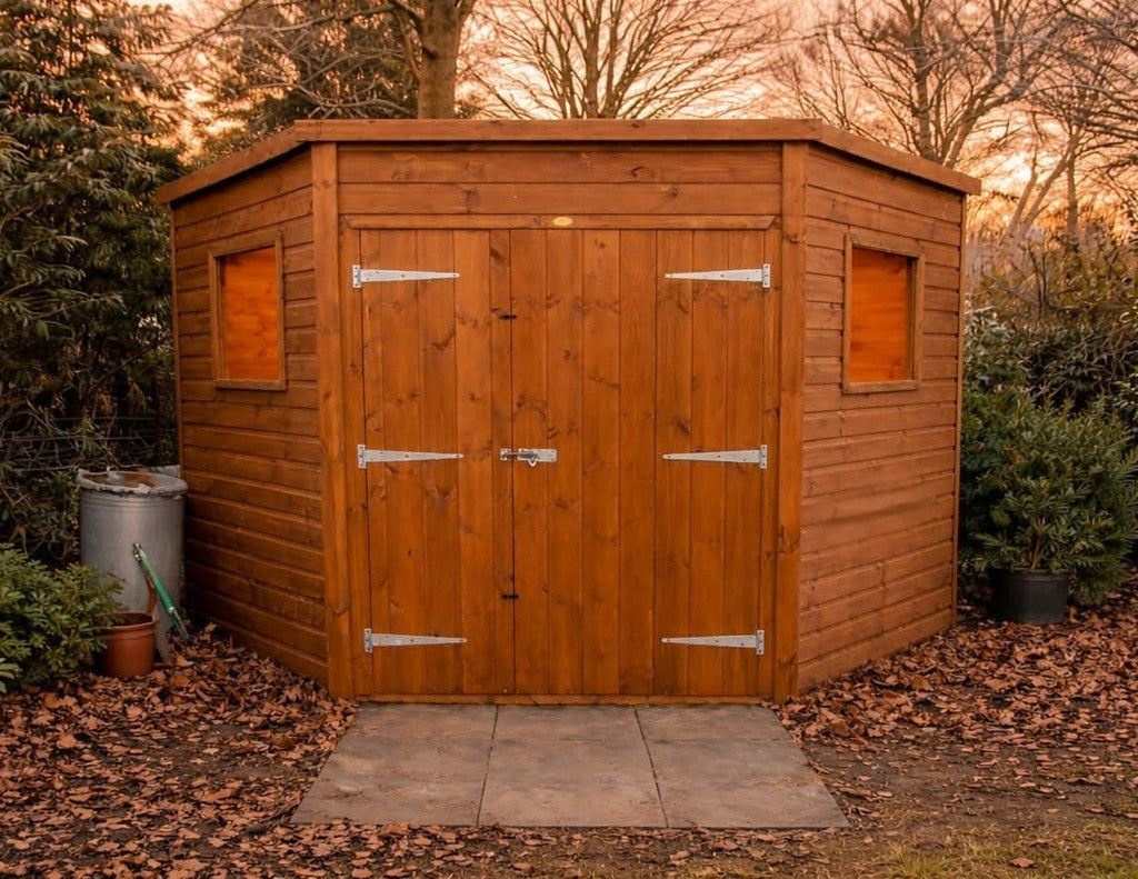 Contemporary Corner Wooden Shed designed to fit perfectly in garden corners for space-saving storage