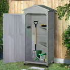 Outsunny Wooden Garden Cabinet 3-Tier Storage Shed 2 Shelves Lockable Organizer with Hooks Foot Pad 74 x 55 x 155cm Light Grey - anydaydirect