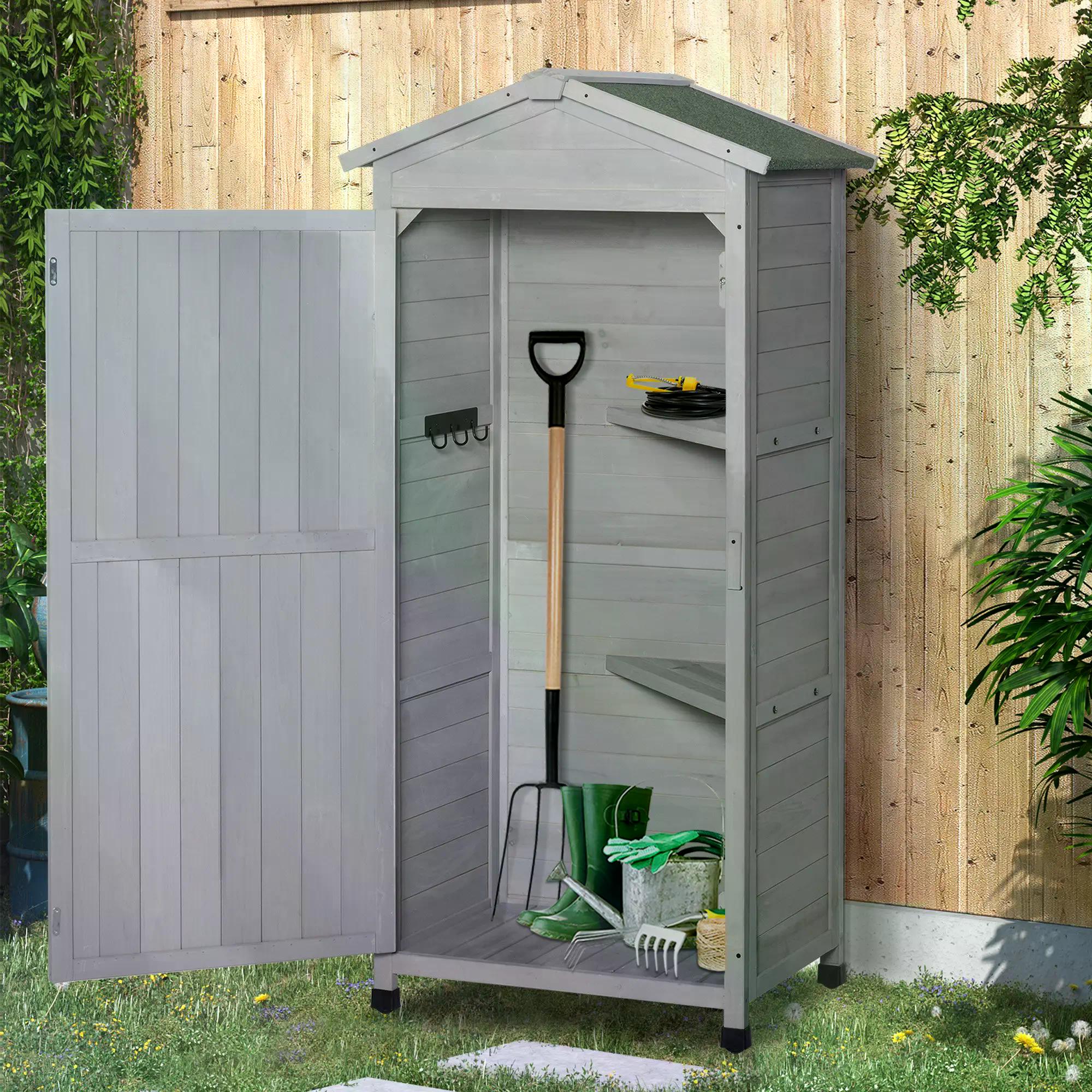 Outsunny Wooden Garden Cabinet 3-Tier Storage Shed 2 Shelves Lockable Organizer with Hooks Foot Pad 74 x 55 x 155cm Light Grey - anydaydirect