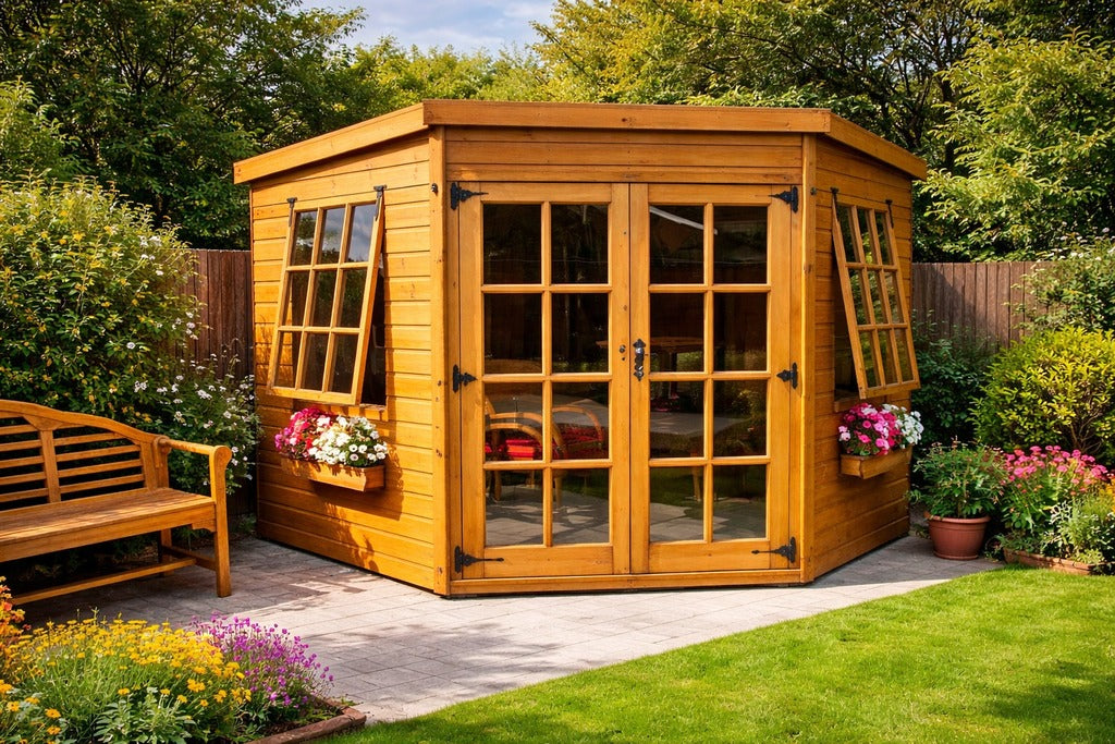Kirton Wooden Garden Summerhouse Shed with unique pentagonal corner design for space optimization