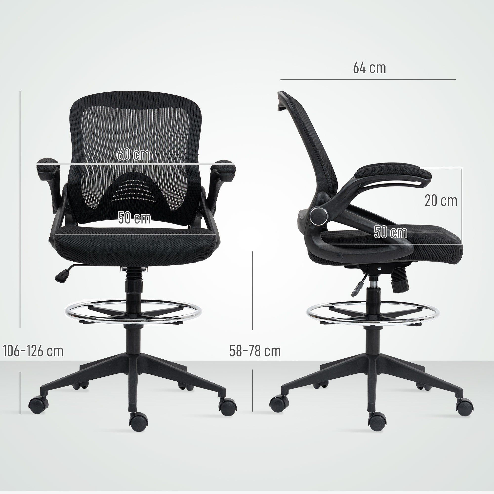 Vinsetto Drafting Chair with Flip-up Armrest, Mesh Office Stool with Foot Ring, 360° Swivel Height Adjustable Chair for Standing Desk, Black - anydaydirect