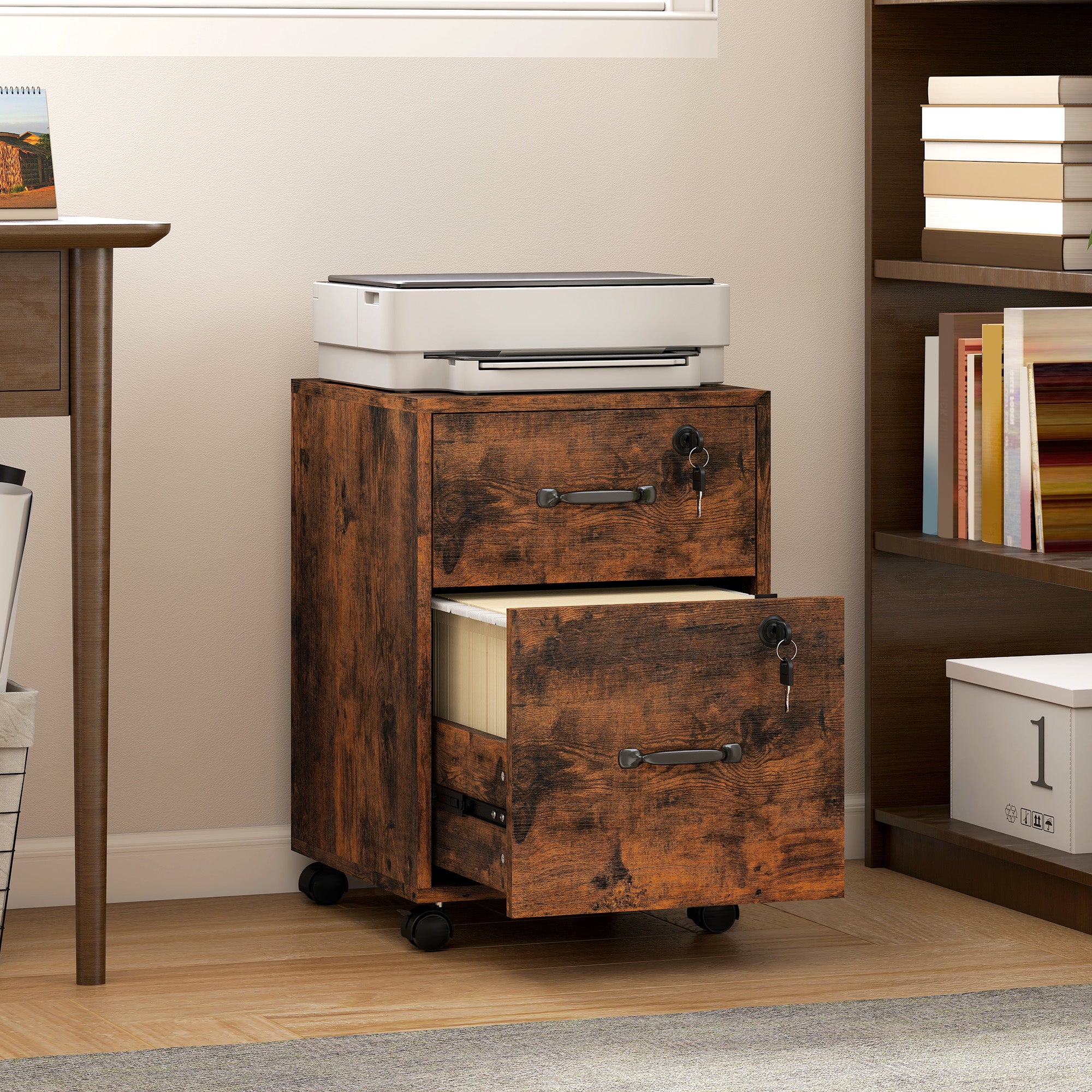 HOMCOM Rolling File Cabinet with 2 Drawers Special, Mobile Filing Cabinet with Hanging File Folder for Letter Sized Documents, Rustic Brown - anydaydirect