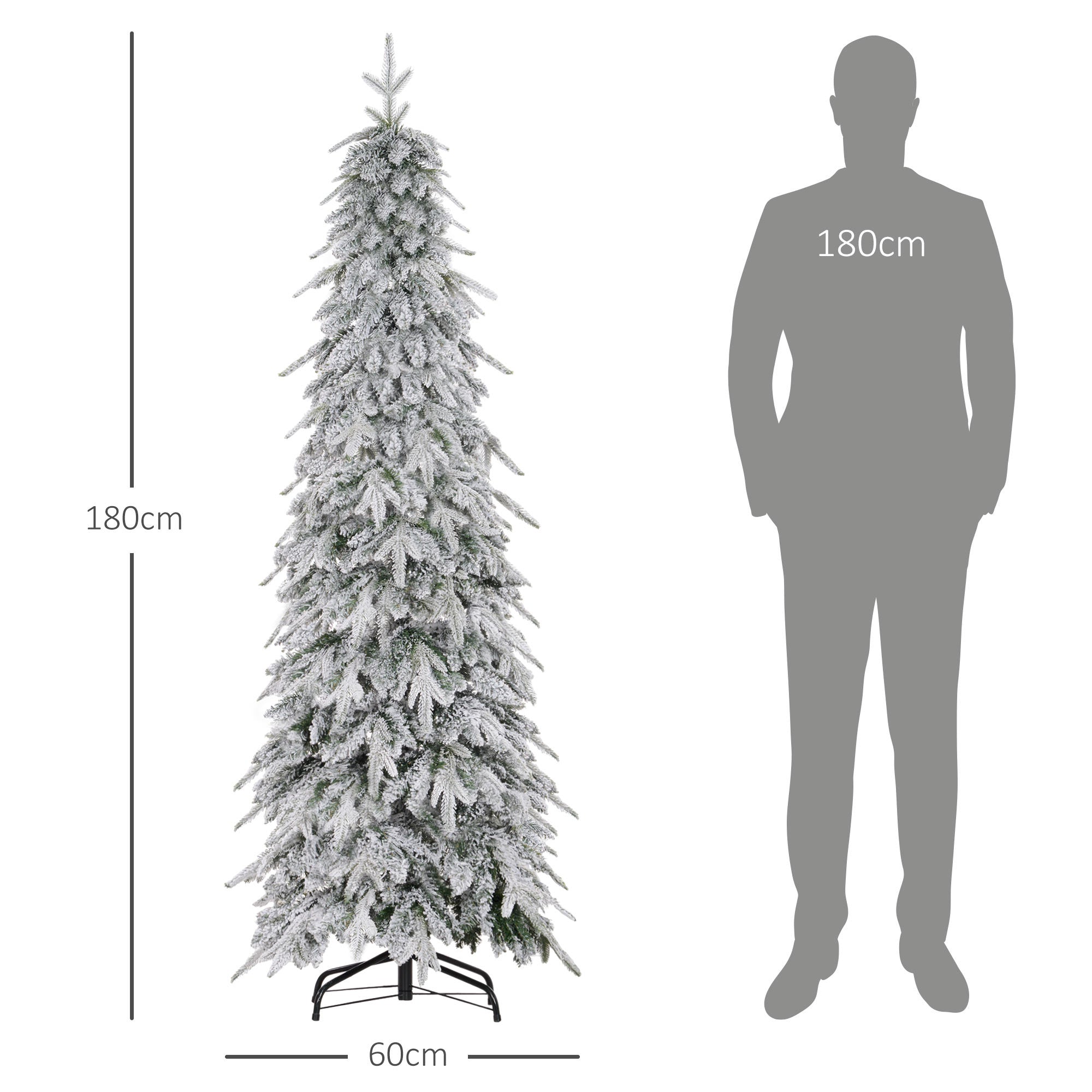 HOMCOM 6ft Pencil Artificial Christmas Tree, Snow Flocked Xmas Tree with Downswept Branches and 600 Tips, Auto Open, Steel Base, Holiday Decoration for Home Office, Green - anydaydirect