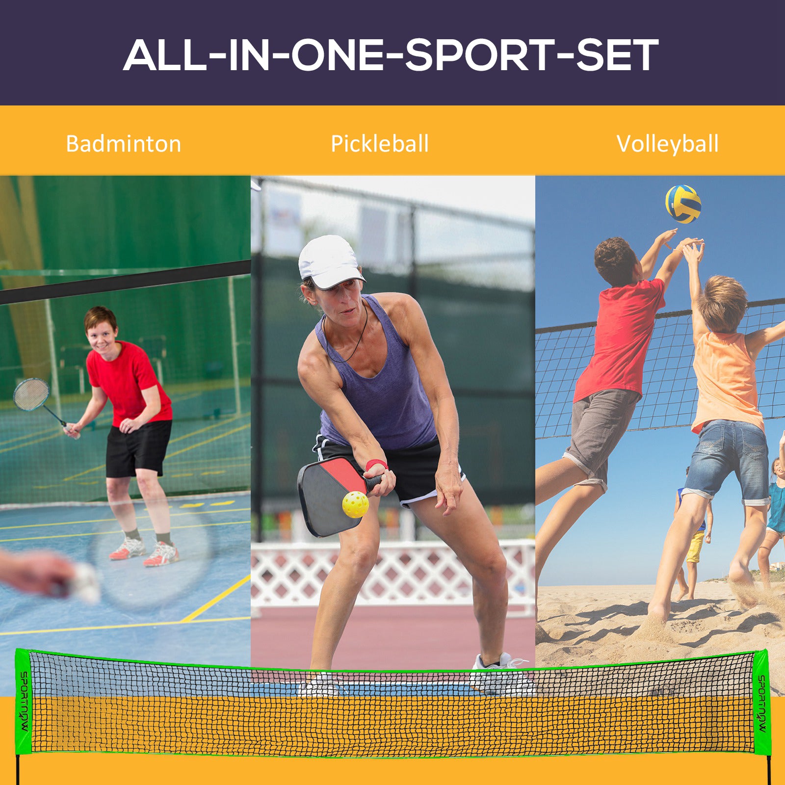 SPORTNOW Badminton Net Set, Height Adjustable Net for Pickleball, Volleyball, Badminton, with 3 Shuttlecocks, 4 Rackets - anydaydirect