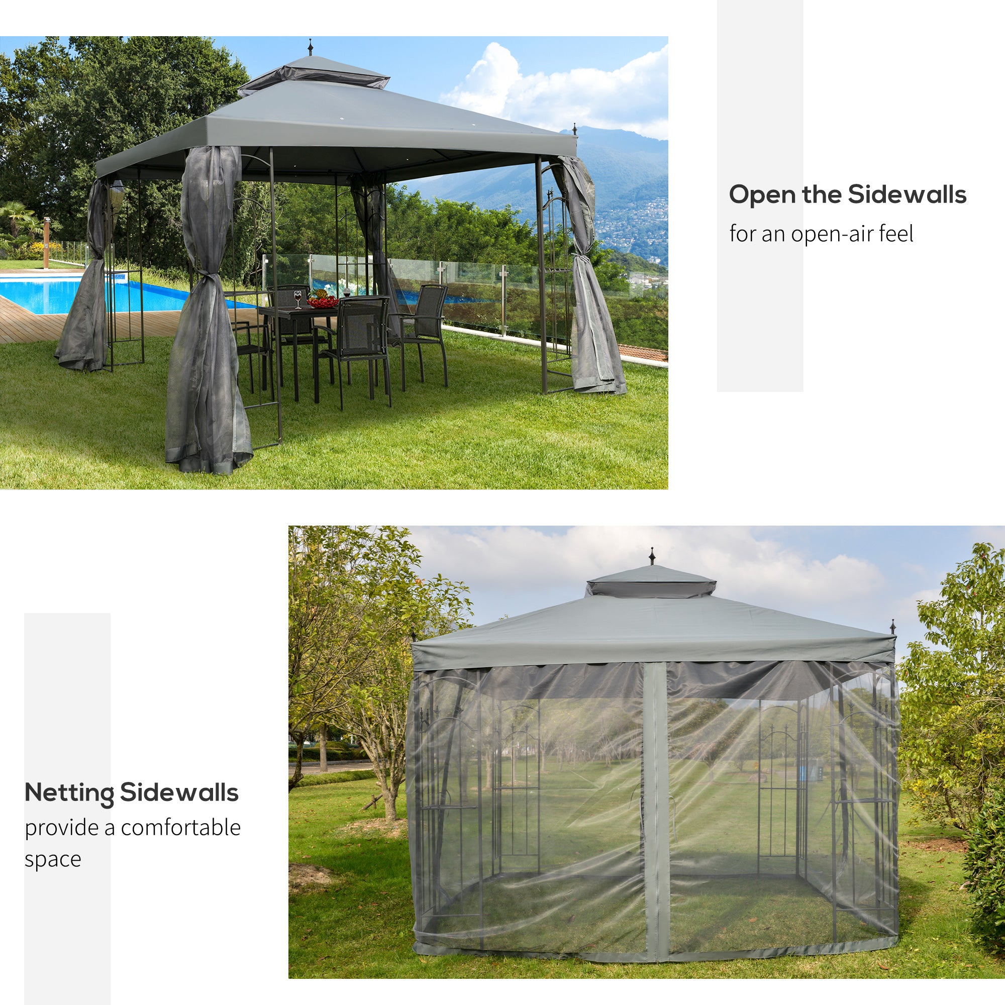 Outsunny 3(M)x3(M) Garden Gazebo Double Top Outdoor Canopy Patio Event Party Wedding Tent Backyard Sun Shade with Netting - Grey - anydaydirect