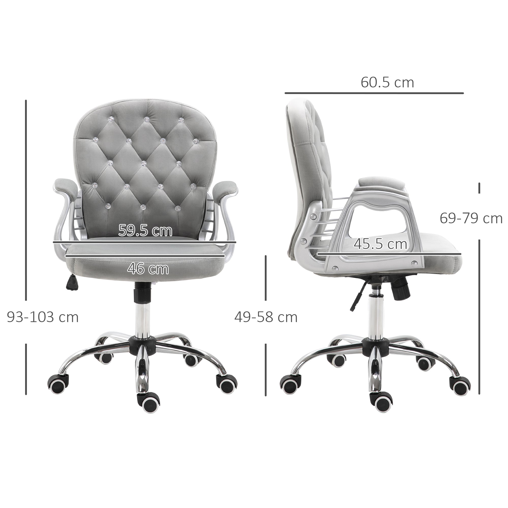 Vinsetto Office Chair, Swivel Desk Chair, Velvet Vanity Chair with Adjustable Height and Rolling Wheels for Home Work Study, Grey - anydaydirect