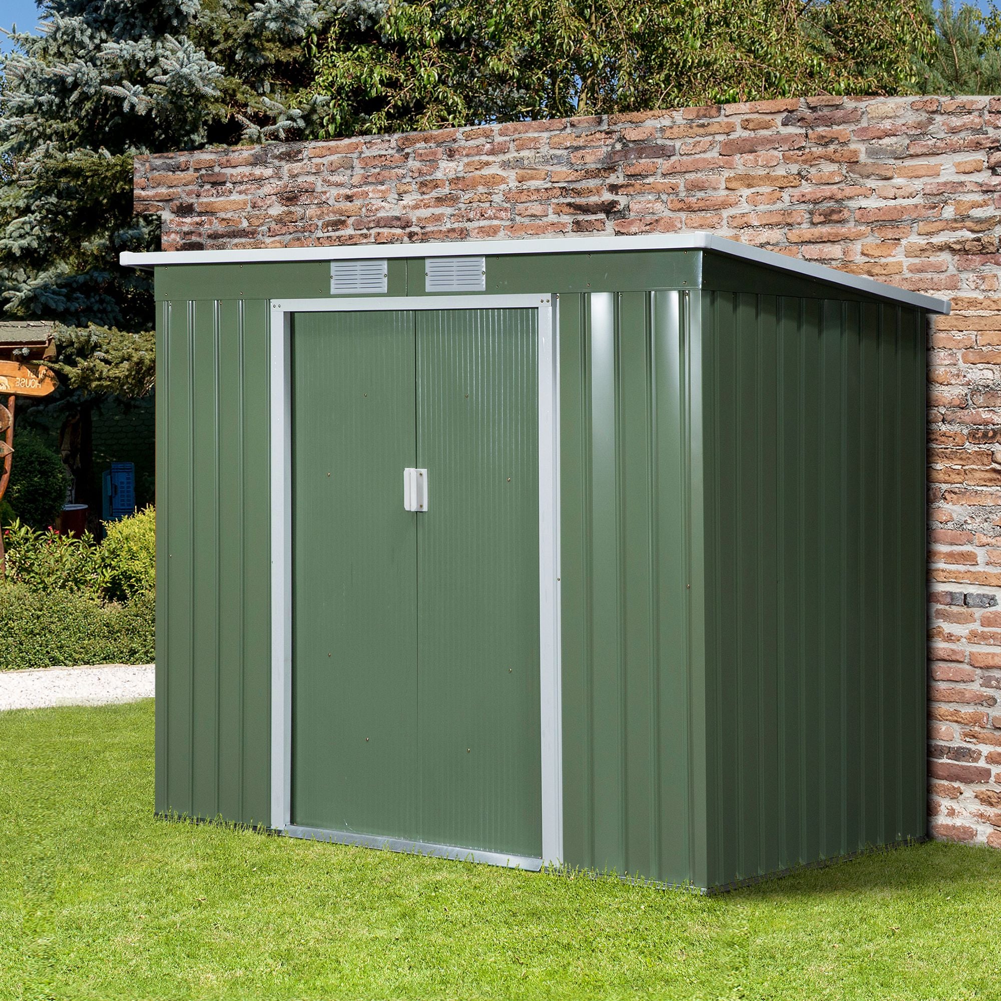 Outsunny Pend Garden Storage Shed w/ Foundation Double Door Ventilation Window Sloped Roof Equipment Tool Storage 213 x 130 x 173 cm - anydaydirect