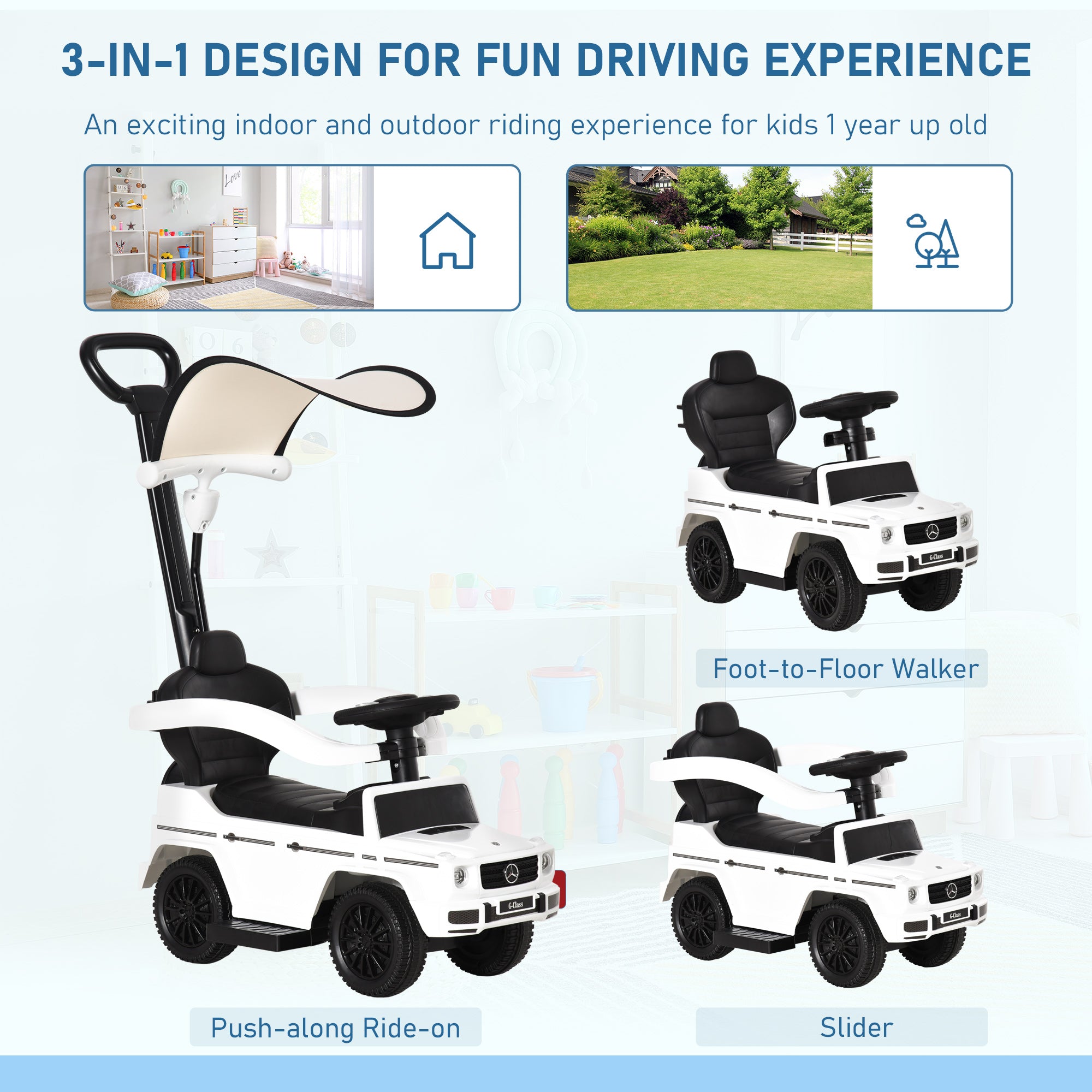 HOMCOM Mercedes-Benz G350 Ride-On Push Along Car Sliding Walker Foot to Floor Slider Stroller Toddler Vehicle with Wheel White - anydaydirect