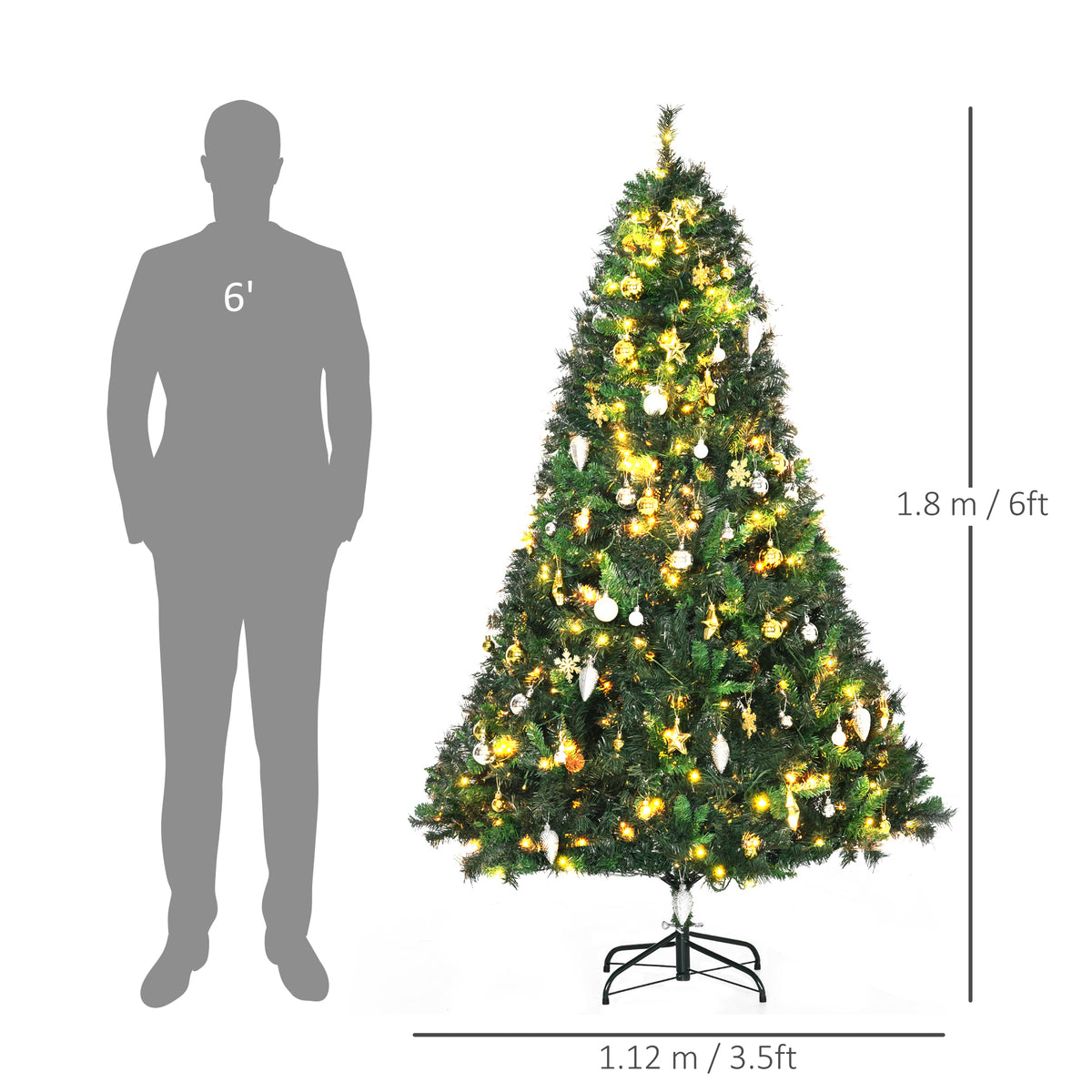 HOMCOM 1.8m 6ft Pre Lit Christmas Tree 200 LED Xmas Tree Holiday Décor with Decorative Balls Ornament Metal Stand - anydaydirect