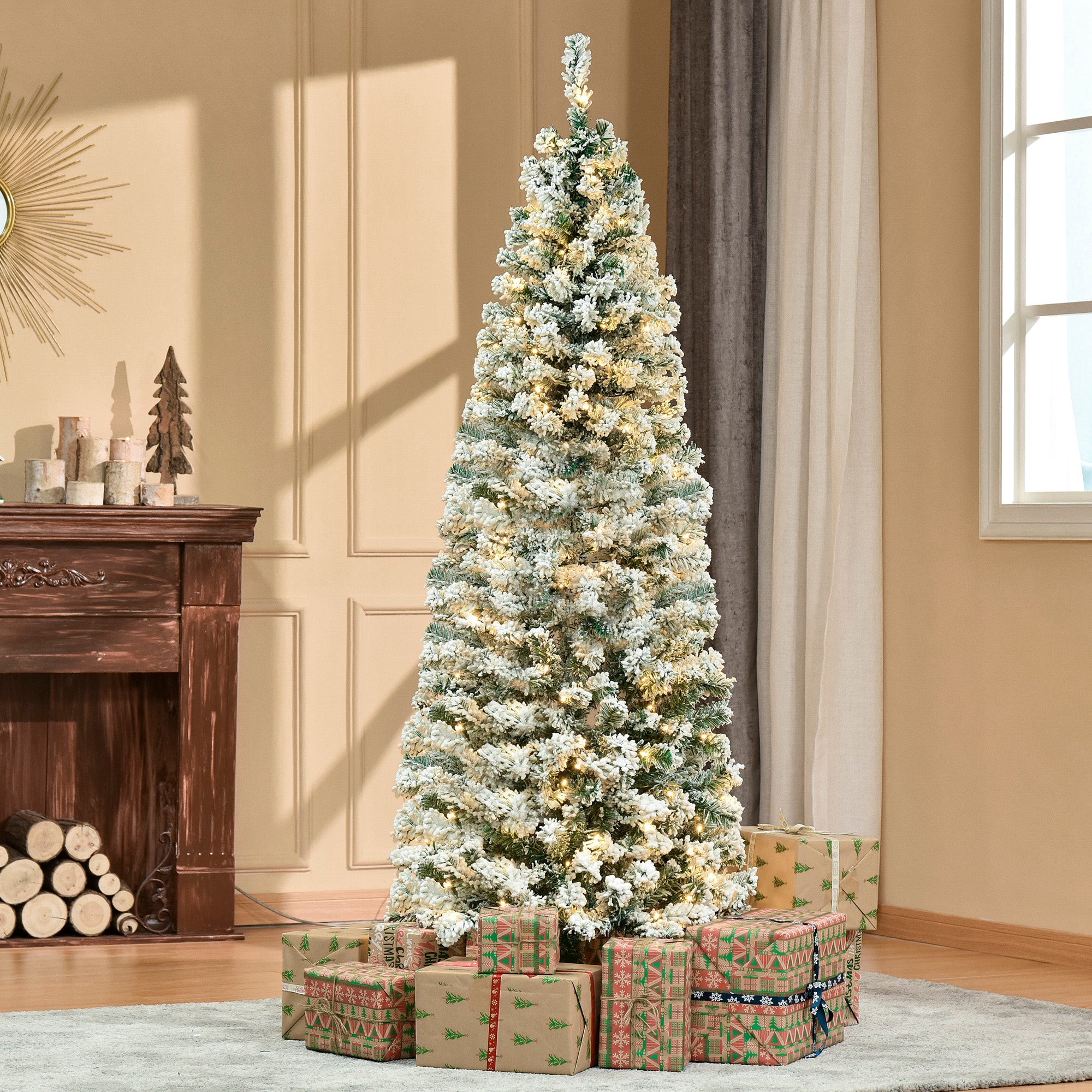 HOMCOM 6 Feet Prelit Artificial Snow Flocked Christmas Tree with Warm White LED Light, Holiday Home Xmas Decoration, Green White - anydaydirect