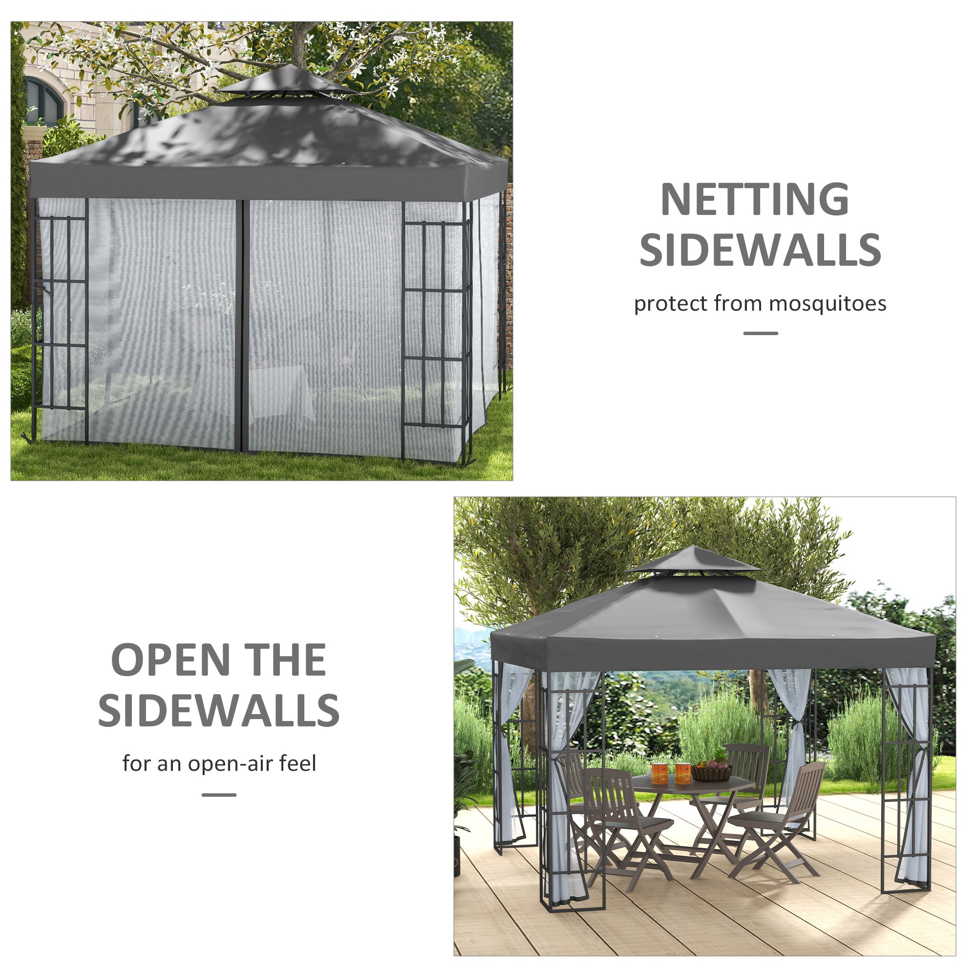 Outsunny 3 x 3(m) Patio Gazebo Canopy Garden Pavilion Tent Shelter with 2 Tier Roof and Mosquito Netting, Steel Frame, Grey - anydaydirect