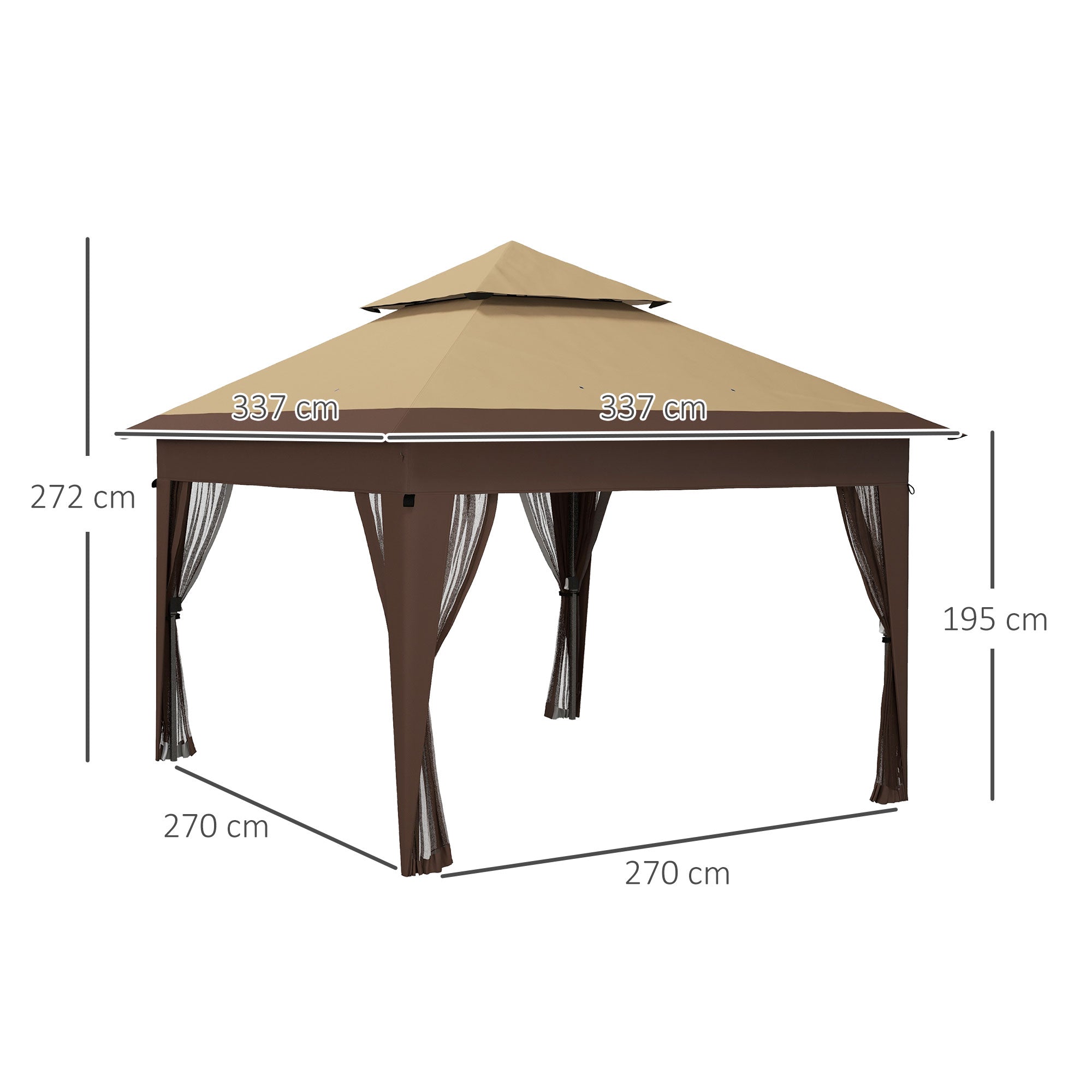 Outsunny 3 x 3(m) Pop Up Gazebo with Mosquito Netting, 1 Person Easy up Marquee Party Tent with 1-Button Push, Double Roof, Carry Bag, Sandbags, Height Adjustable Instant Shelter, Khaki - anydaydirect