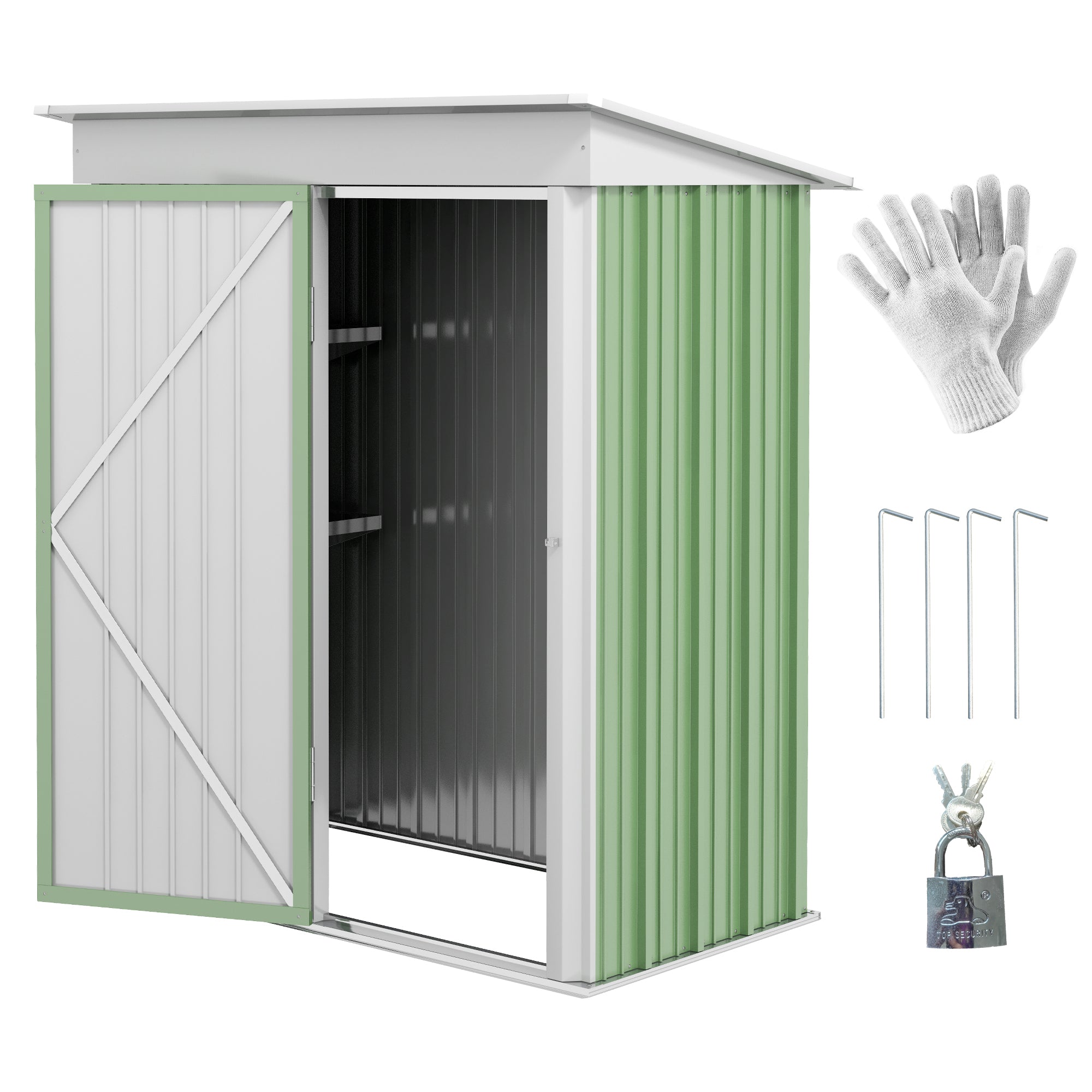 Outsunny 5'x3'x6' Metal Garden Shed Roofed Lean-to Shed for Tool Motor Bike, with Adjustable Shelf, Lock, Gloves, Green - anydaydirect