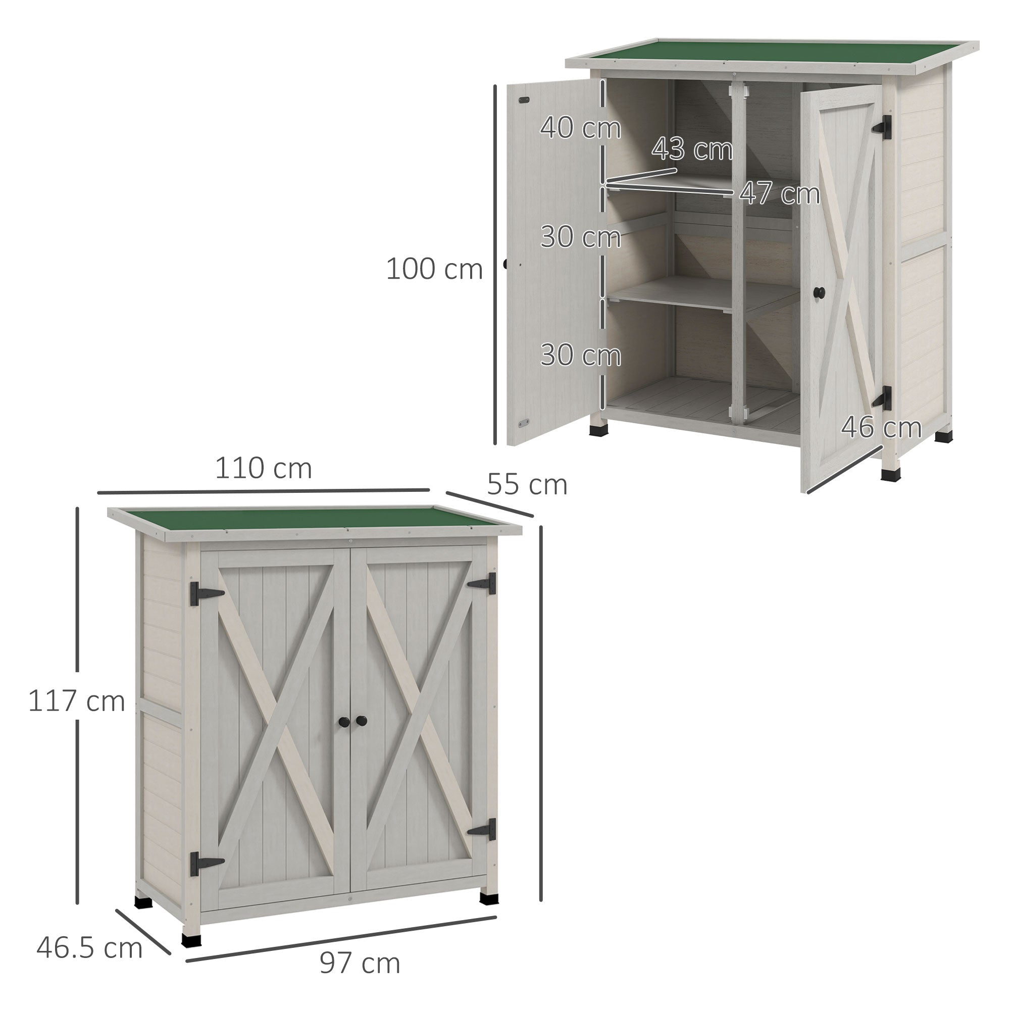 Outsunny Wooden Garden Shed Storage Shed Fir Tool Cabinet with Shelves Double Door Light Grey - anydaydirect
