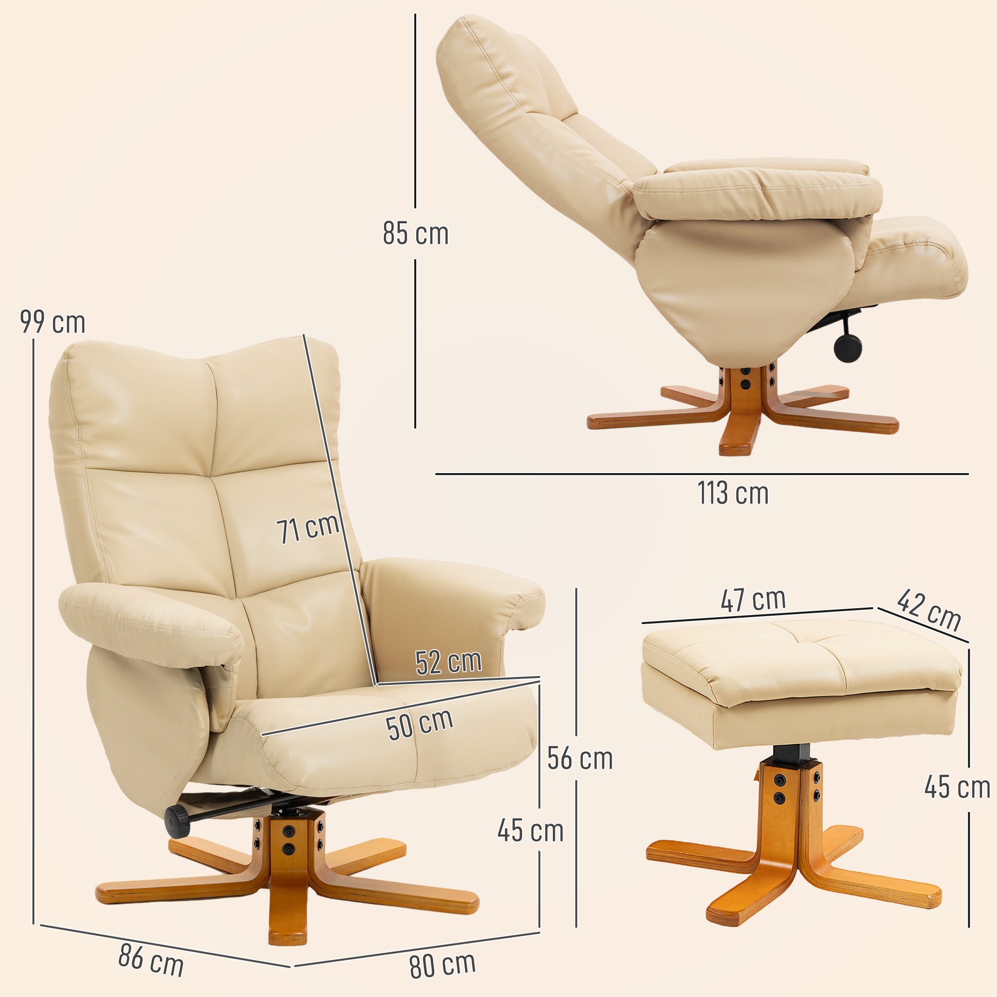 HOMCOM PU Leather Swivel Recliner Chair with Footstool, Wooden Base and Storage for Living Room, Beige - anydaydirect