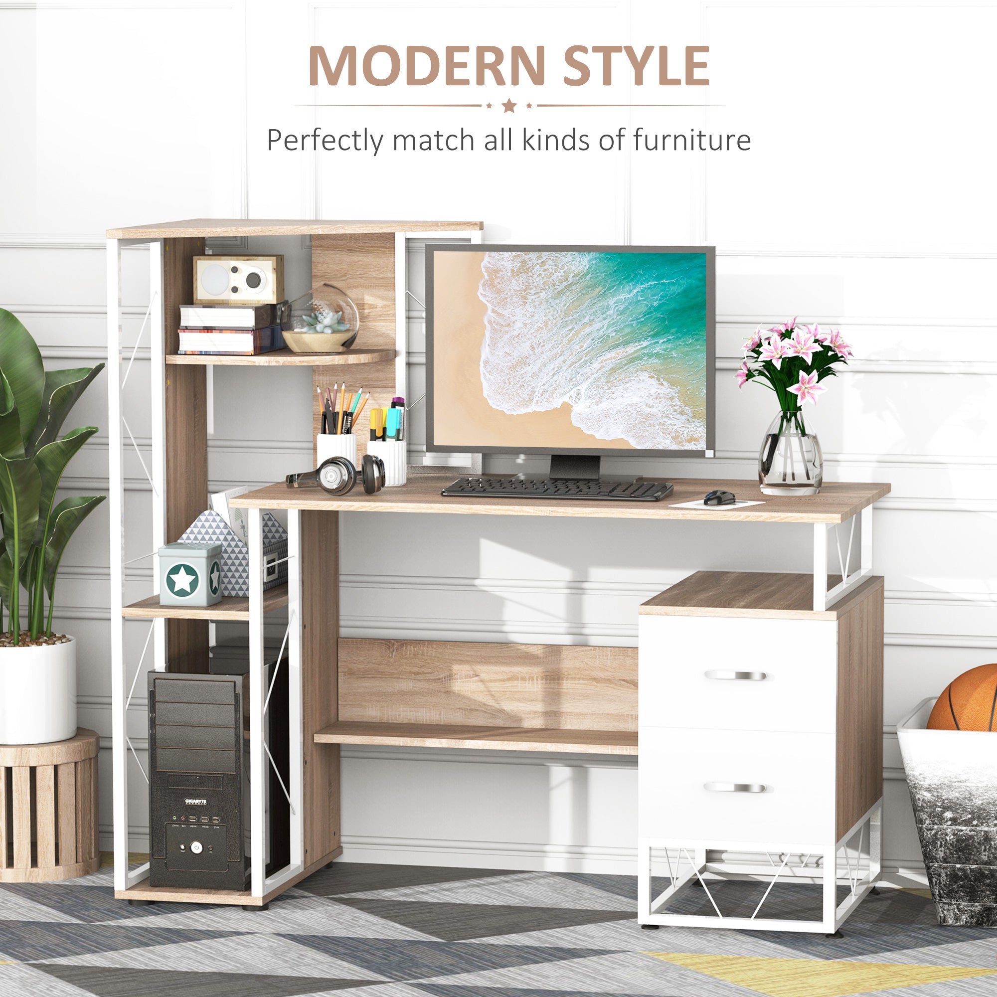 HOMCOM Computer Desk with Drawers and Bookshelf, Writing Desk for Home Office with Storage Shelves, Study Workstation, Oak - anydaydirect