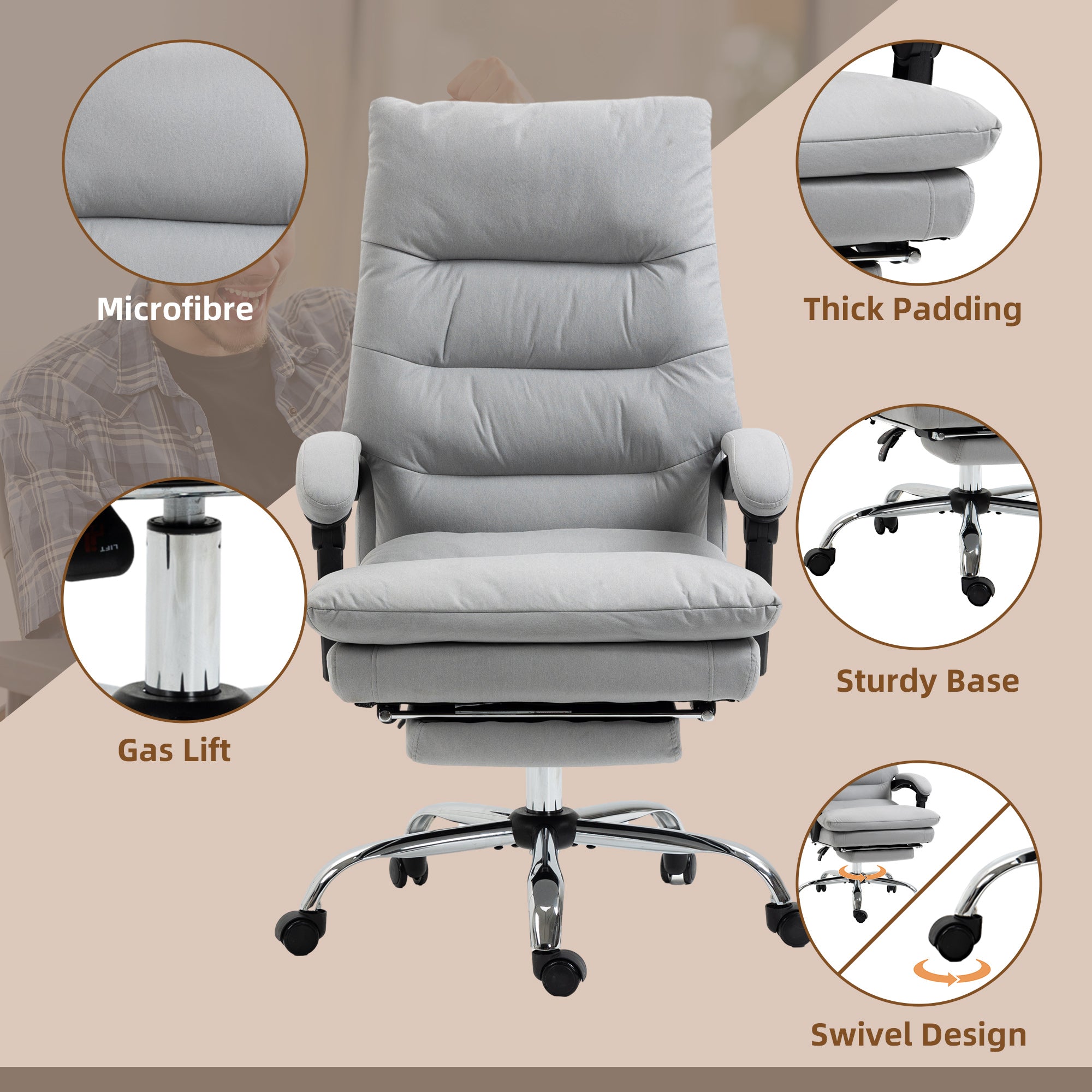 Vinsetto Office Chair, Ergonomic Desk Chair with 6-Point Vibration Massage and Back Heating, Microfibre Computer Gaming Chair with 135° Reclining Back and Footrest, Grey - anydaydirect