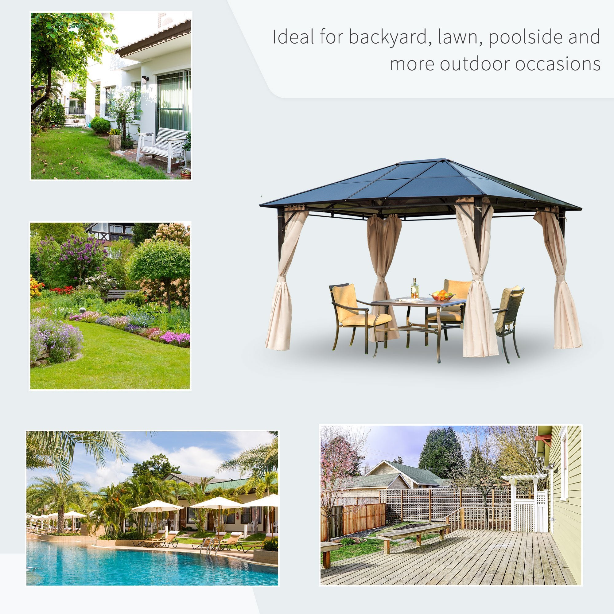 Outsunny 3 x 3.6m Hardtop Gazebo Canopy with Polycarbonate Roof Garden Pavilion with Removable Curtains and Steel Frame, Brown - anydaydirect