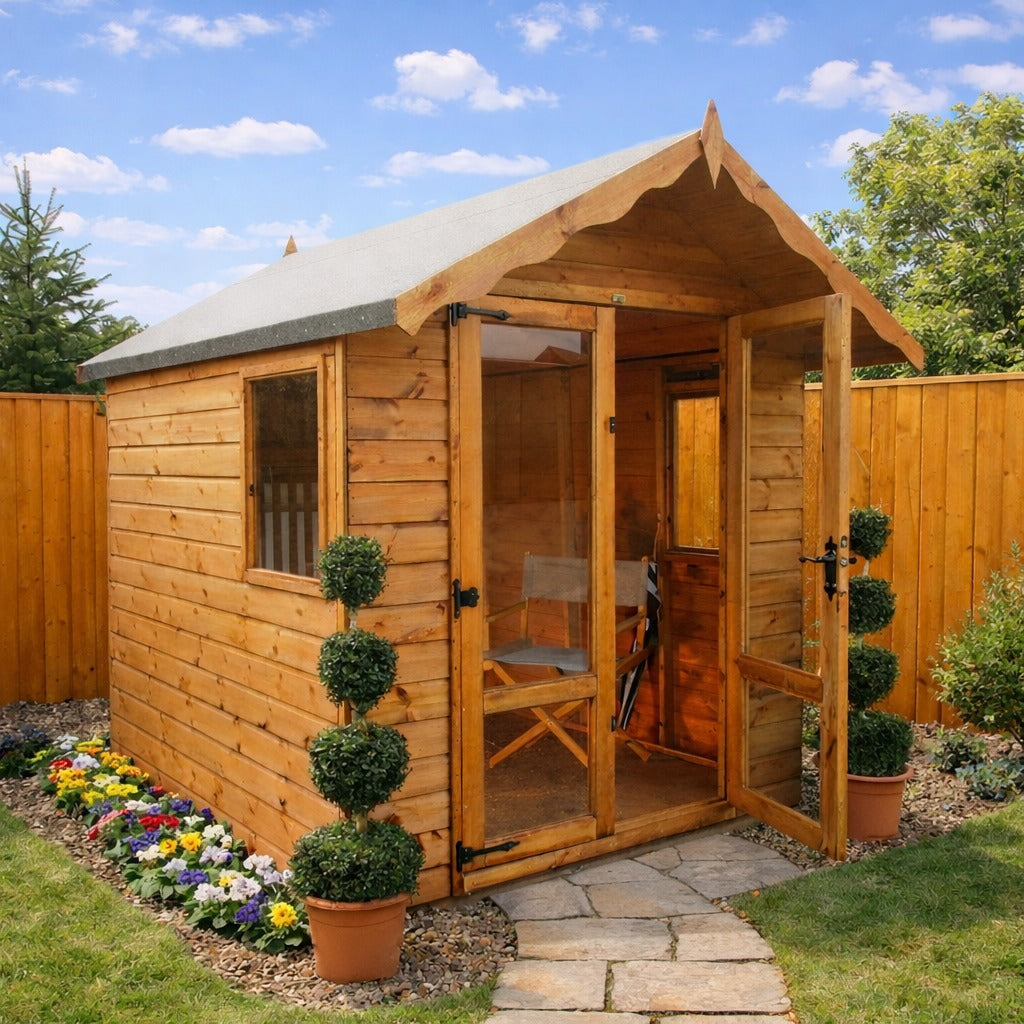 Wiltshire Wooden Garden Summerhouse Shed with traditional design and double doors for easy access