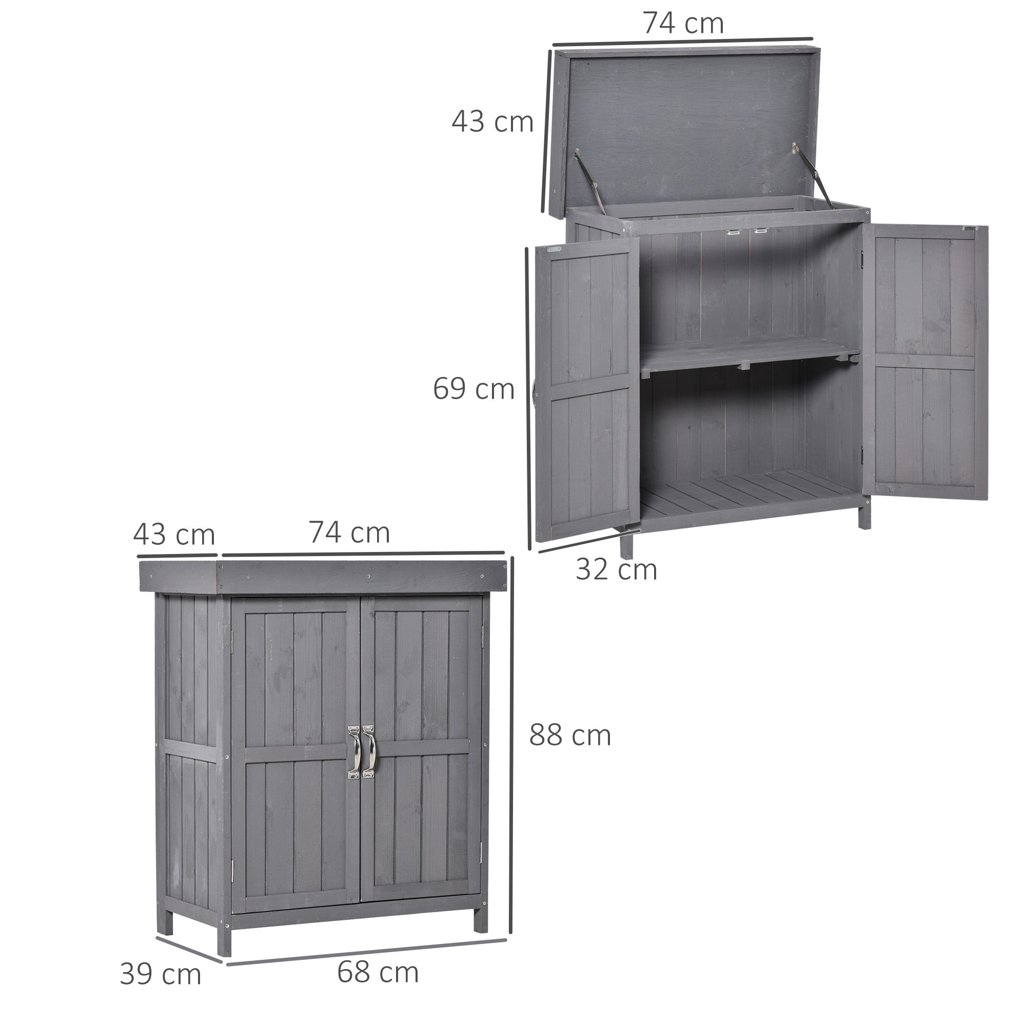 Outsunny Wooden Garden Storage Shed Tool Cabinet Organiser with Shelves, Two Doors,74 x 43 x 88cm, Grey - anydaydirect