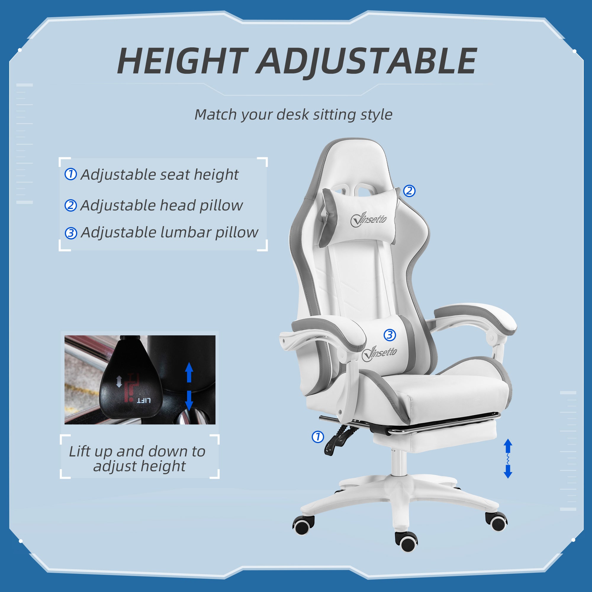 Vinsetto Computer Gaming Chair, PU Leather Desk Chair with Footrest, Swivel Task Chair with 135° Reclining Back and Lumbar Support, PC Chair for Adults, White and Grey - anydaydirect