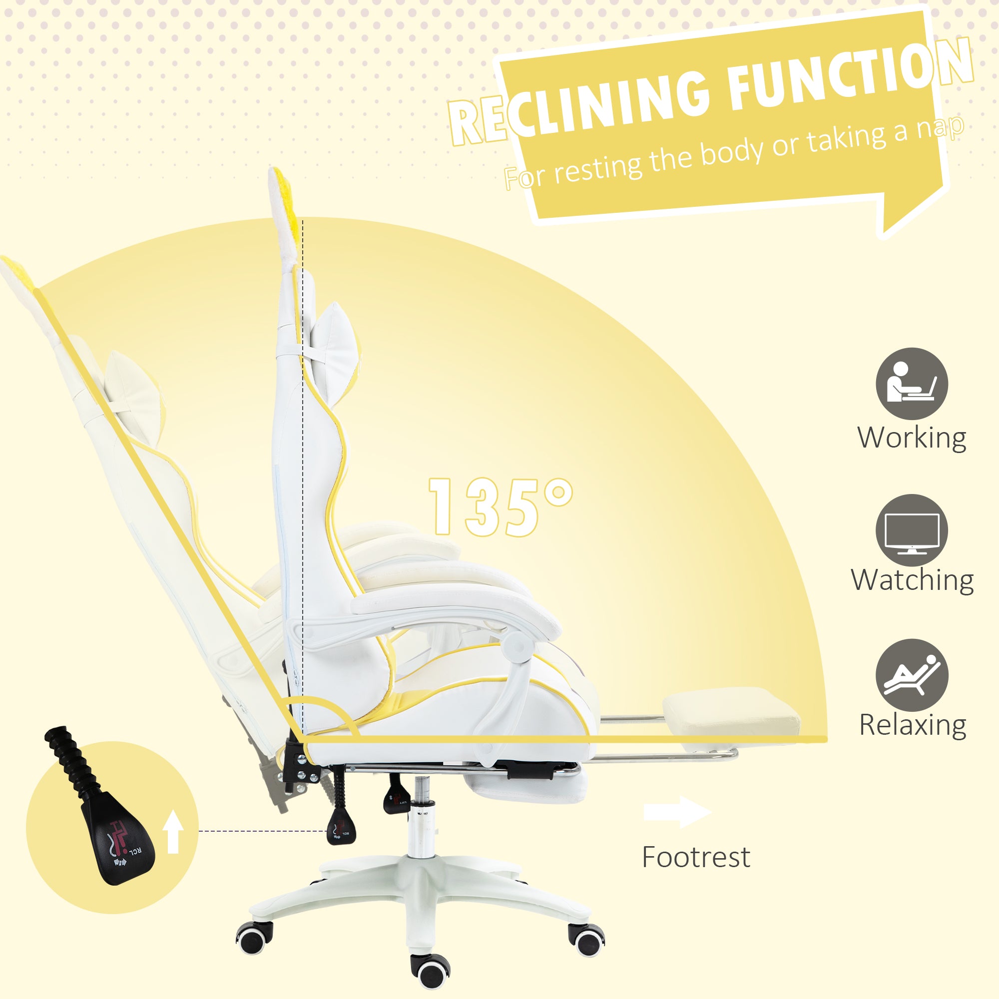 Vinsetto Racing Gaming Chair, Reclining PU Leather Computer Chair with Removable Rabbit Ears, Footrest, Headrest and Lumber Support, Yellow - anydaydirect