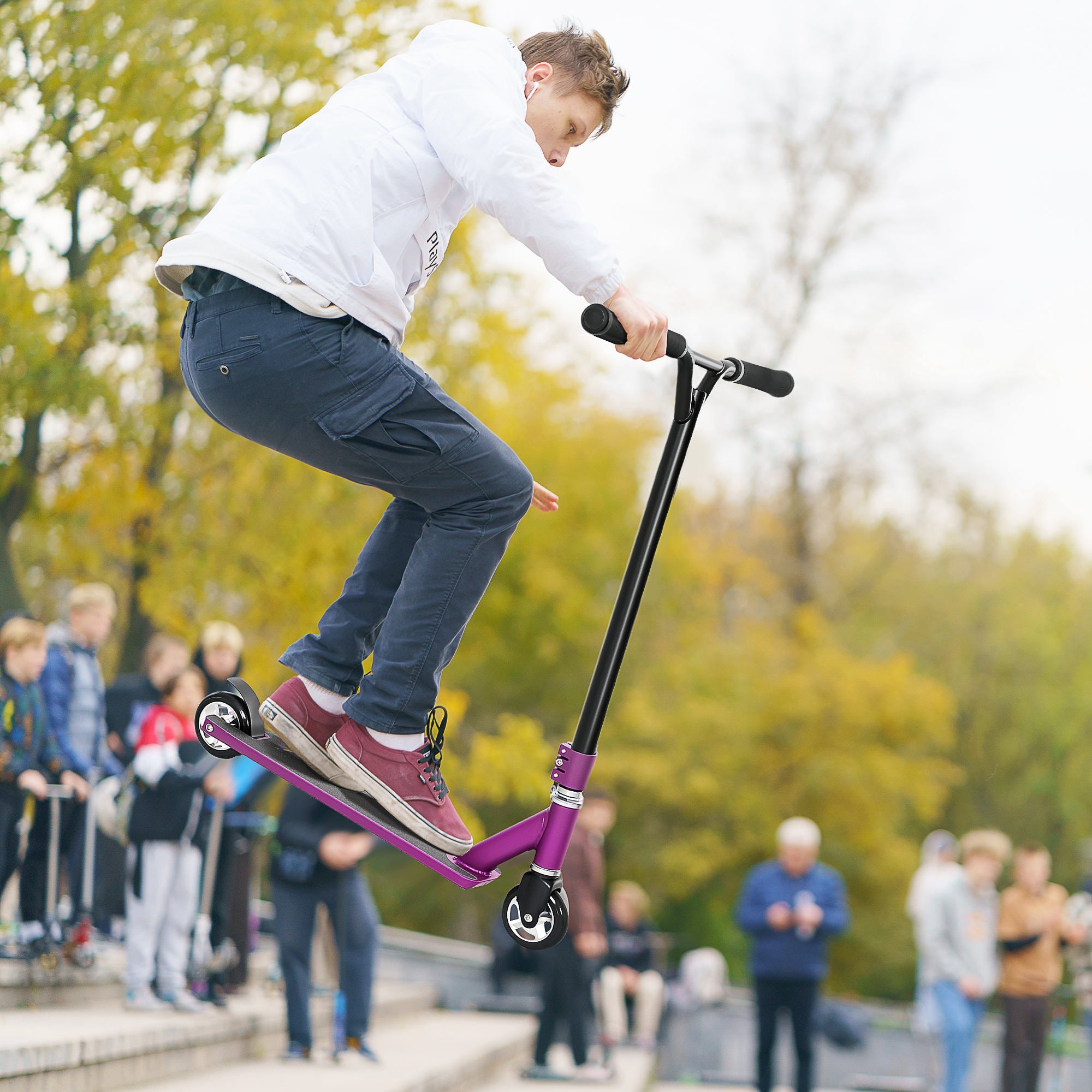 HOMCOM Stunt Scooter, 360° Entry Level Tricks Scooter w/ Lightweight Aluminium Deck and ABEC 7 Bearing, For Age 14+ Beginners, Purple - anydaydirect