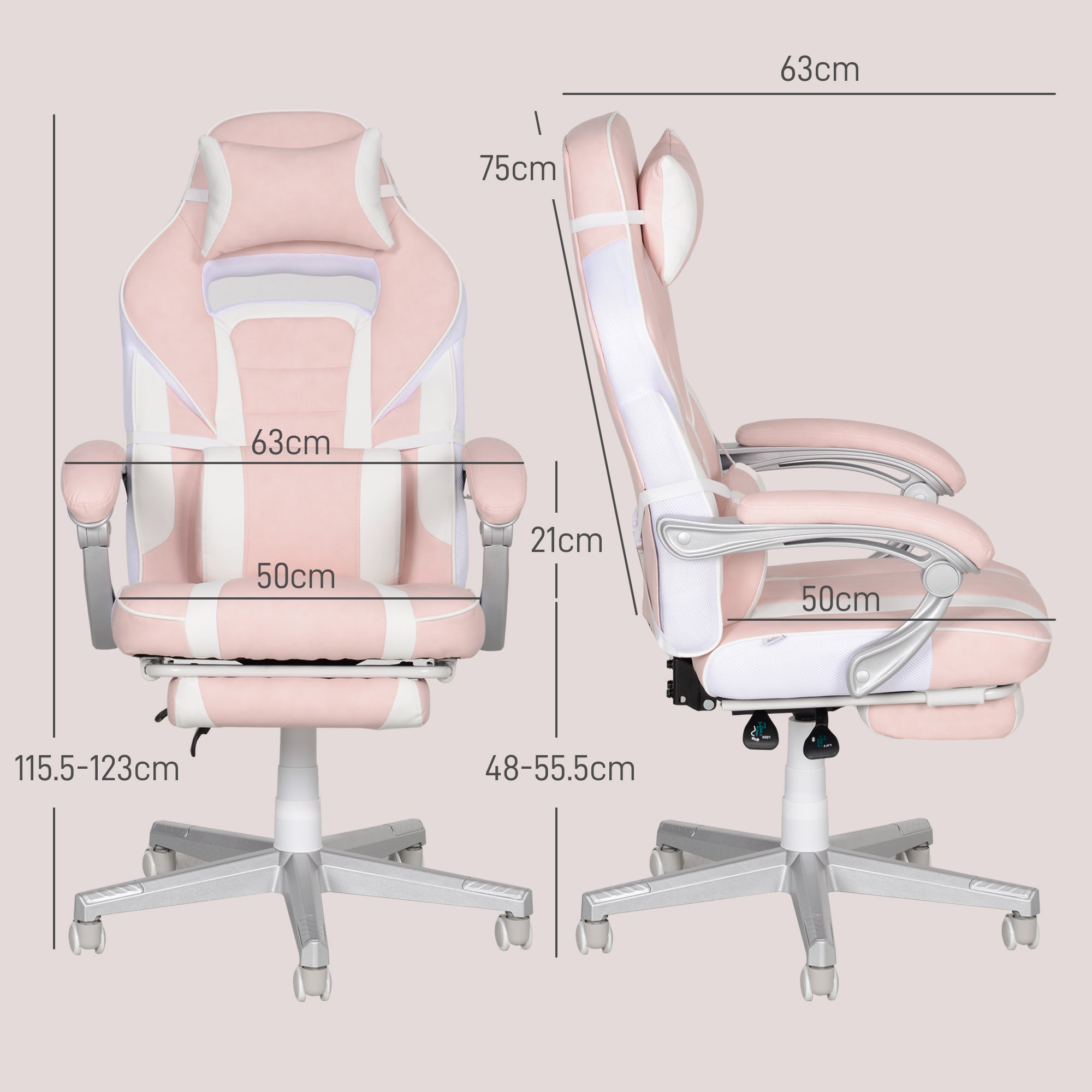 HOMCOM Faux Leather Reclining Gaming Chair, with Footrest - Pink/White - anydaydirect