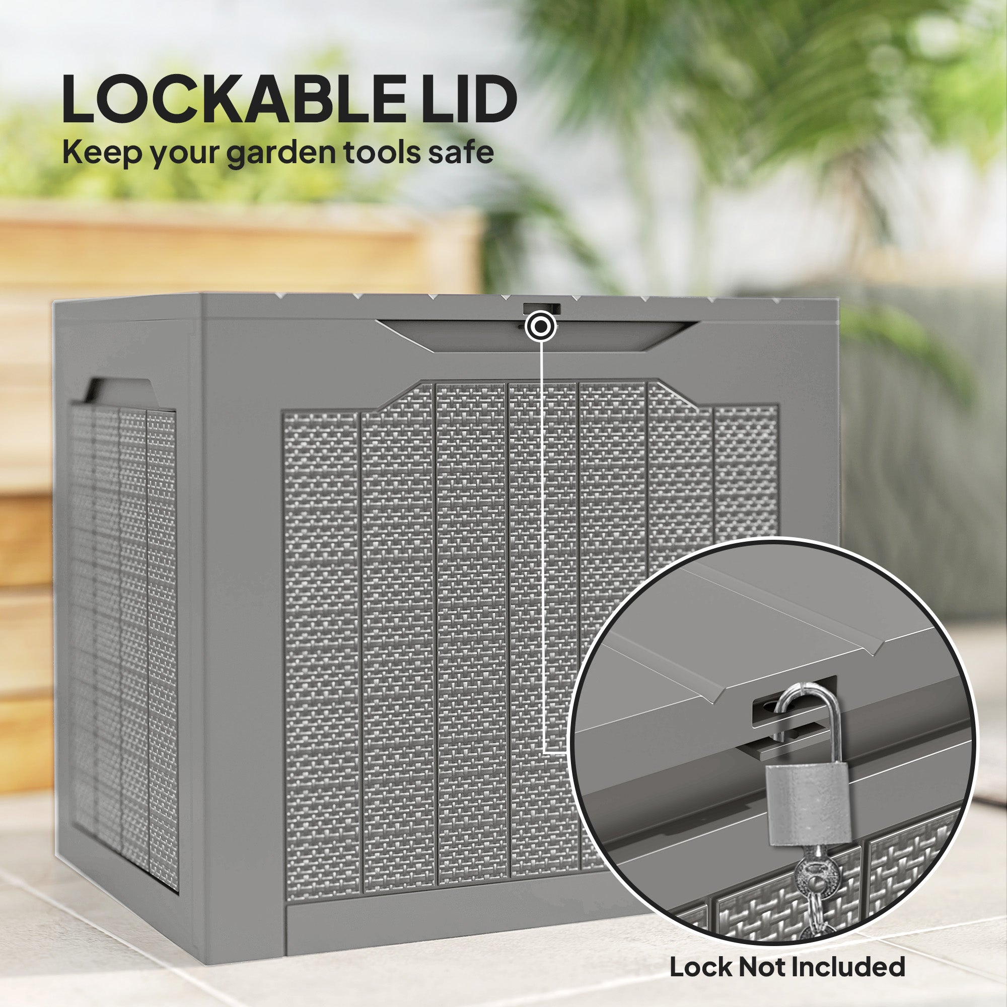 Outsunny 93L Plastic Garden Storage Box, Outdoor Storage Box with Handles, Waterproof Outdoor Storage Container, Khaki - anydaydirect