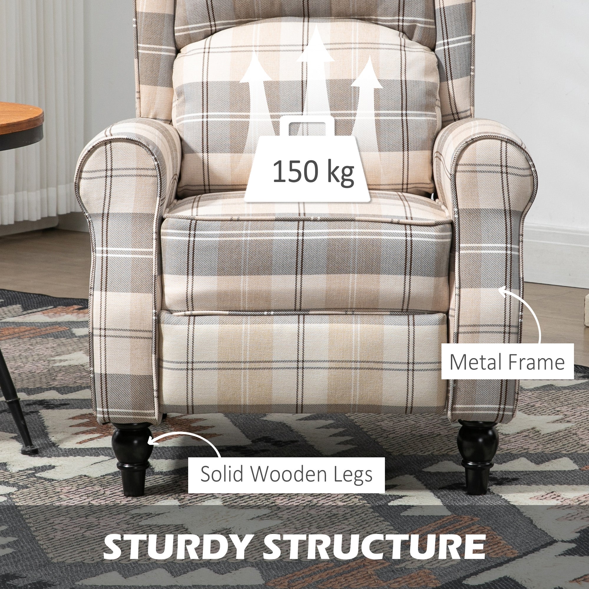 HOMCOM Wingback Recliner Armchair for Living Room, Pushback Reclining Chair with Round Armrests, Footrest and Rubber Wood Legs, Khaki - anydaydirect