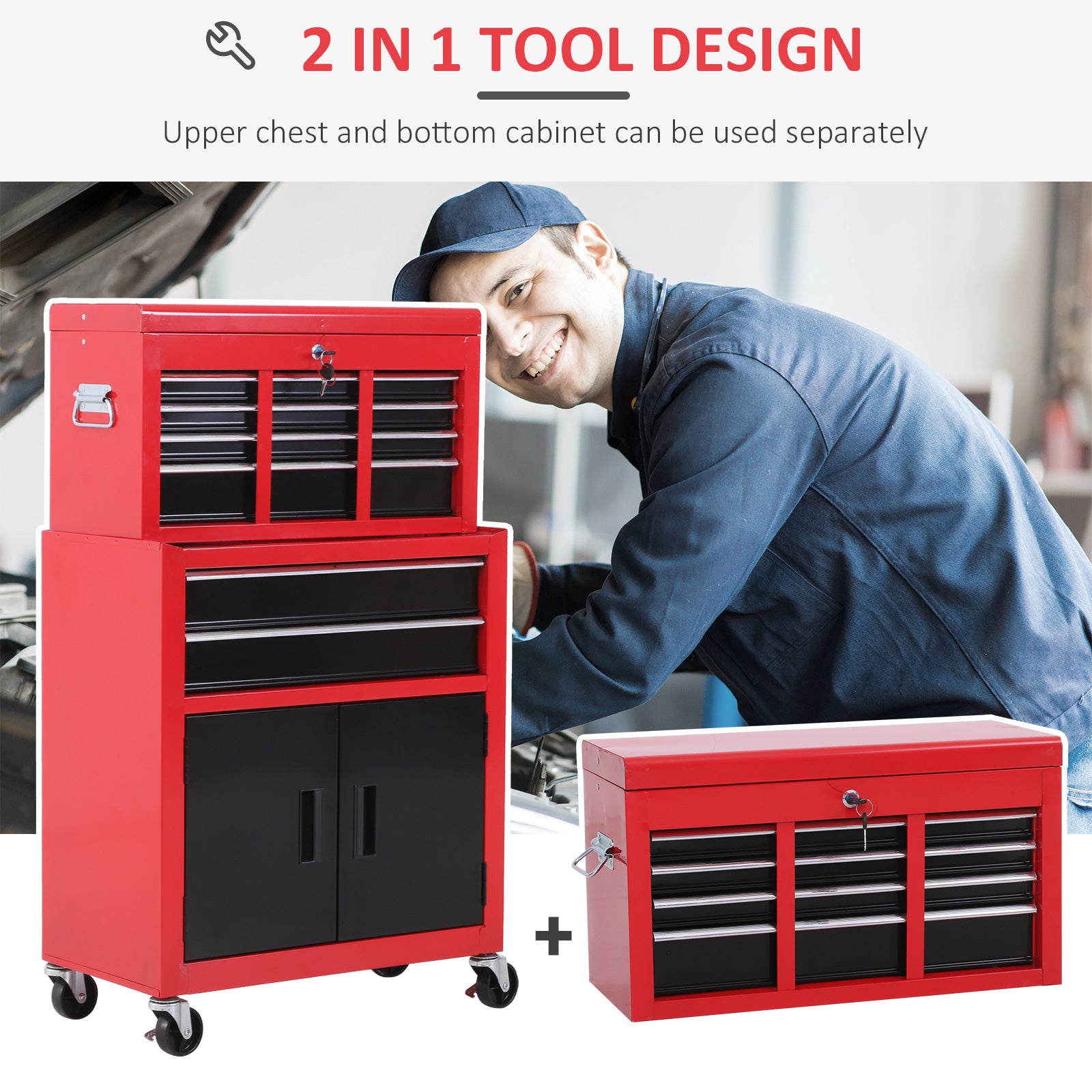 HOMCOM Tool Chest, Metal Tool Cabinet on Wheels with 6 Drawers, Pegboard, Top Chest and Roller Cabinet Combo, 61.6 x 33 x 108cm, Red and Black - anydaydirect