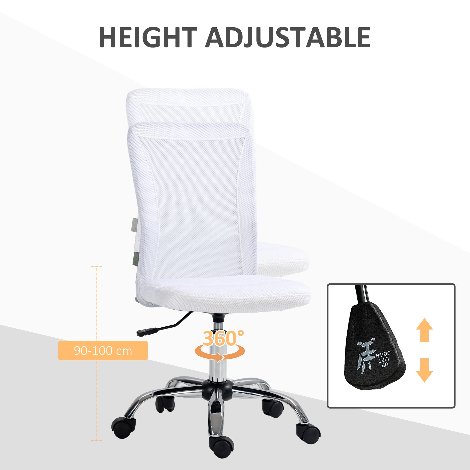 Vinsetto Computer Desk Chair, Mesh Office Chair with Adjustable Height and Swivel Wheels, Armless Study Chair, White - anydaydirect