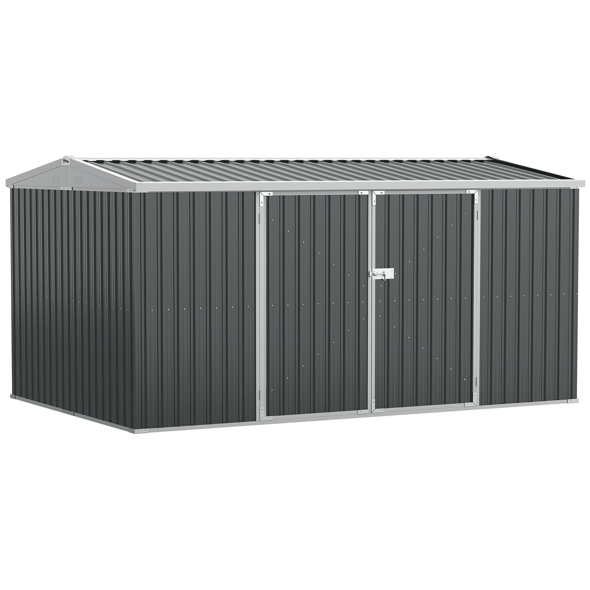 Outsunny 14 x 9 ft Lockable Garden Shed Large Patio Roofed Tool Metal Storage Building Foundation Sheds Box Outdoor Furniture, Grey - anydaydirect
