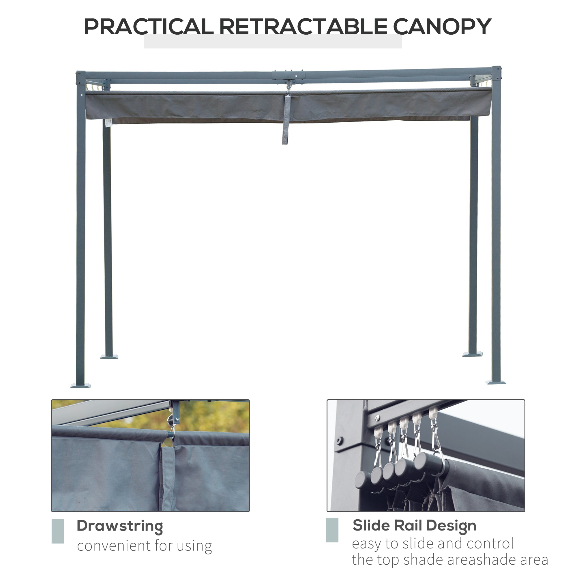 Outsunny 4 x 3(m) Metal Outdoor Pergola with Retractable Roof, Outdoor Gazebo Canopy Shelter with Drainage Holes for Garden, Patio, Lawn, Grey - anydaydirect