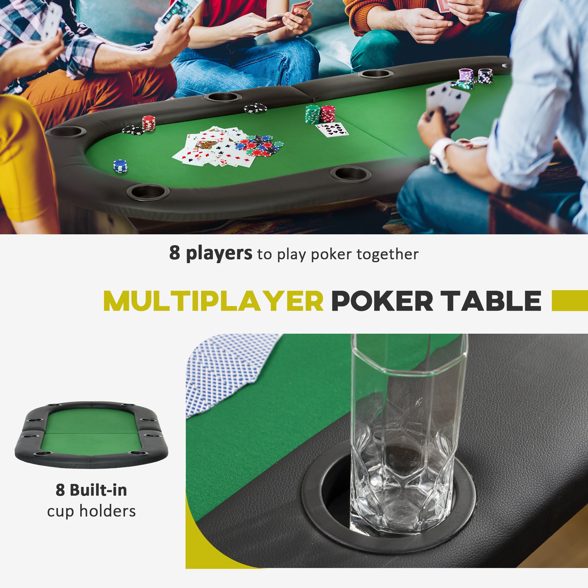 HOMCOM 8 Player Folding Poker Table, Oval Portable Blackjack Casino Table with Cup Holder, Felt Top and Metal Base, 183 x 82 x 75cm, Green and Black - anydaydirect