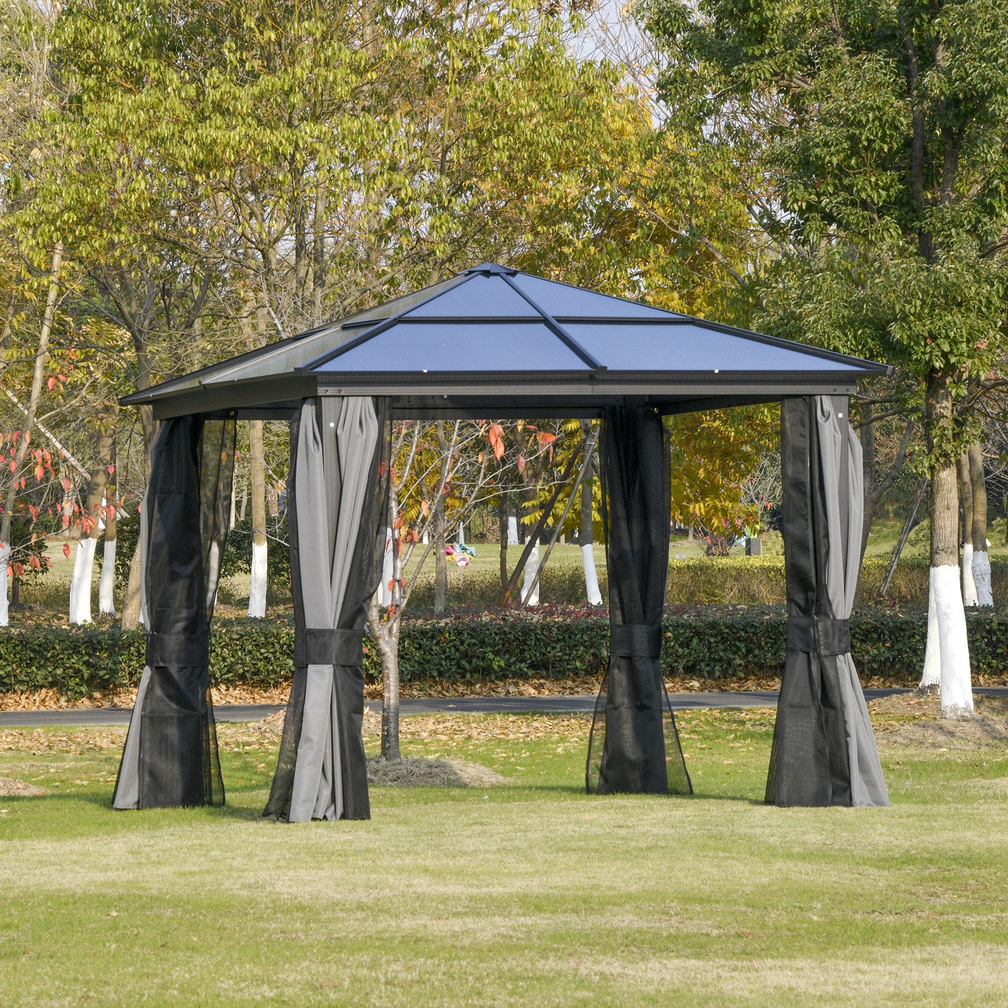 Outsunny 3 x 3(m) Hardtop Gazebo Canopy with Polycarbonate Roof, Aluminium Frame, Permanent Pavilion Garden Gazebo with Netting and Curtains for Patio, Deck, Dark Grey - anydaydirect
