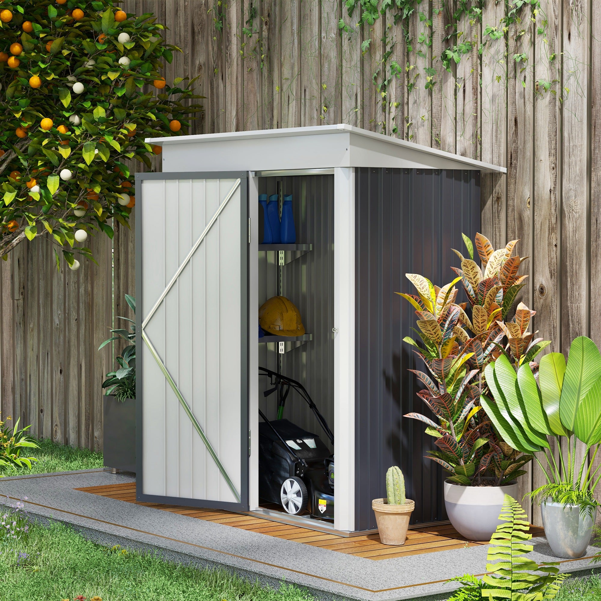 Outsunny Metal Garden Shed, Outdoor Lean-to Shed for Tool Motor Bike, with Adjustable Shelf, Lock, Gloves, 5'x3'x6',  Dark Grey - anydaydirect