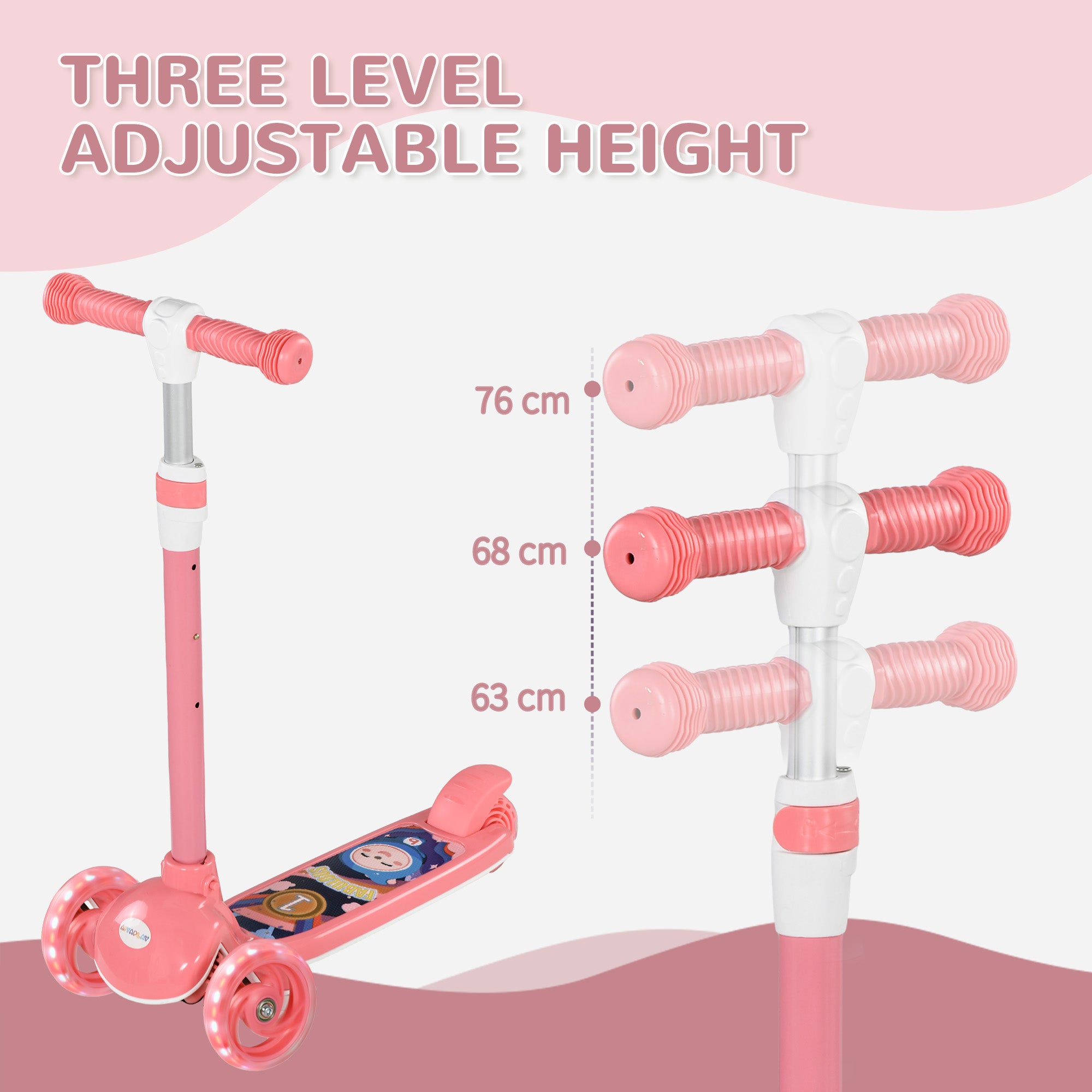 AIYAPLAY Kids 3 Wheel Scooter for 2-6 Years Old w/ Adjustable Height, LED Light, TPE Handlebar, Pink - anydaydirect