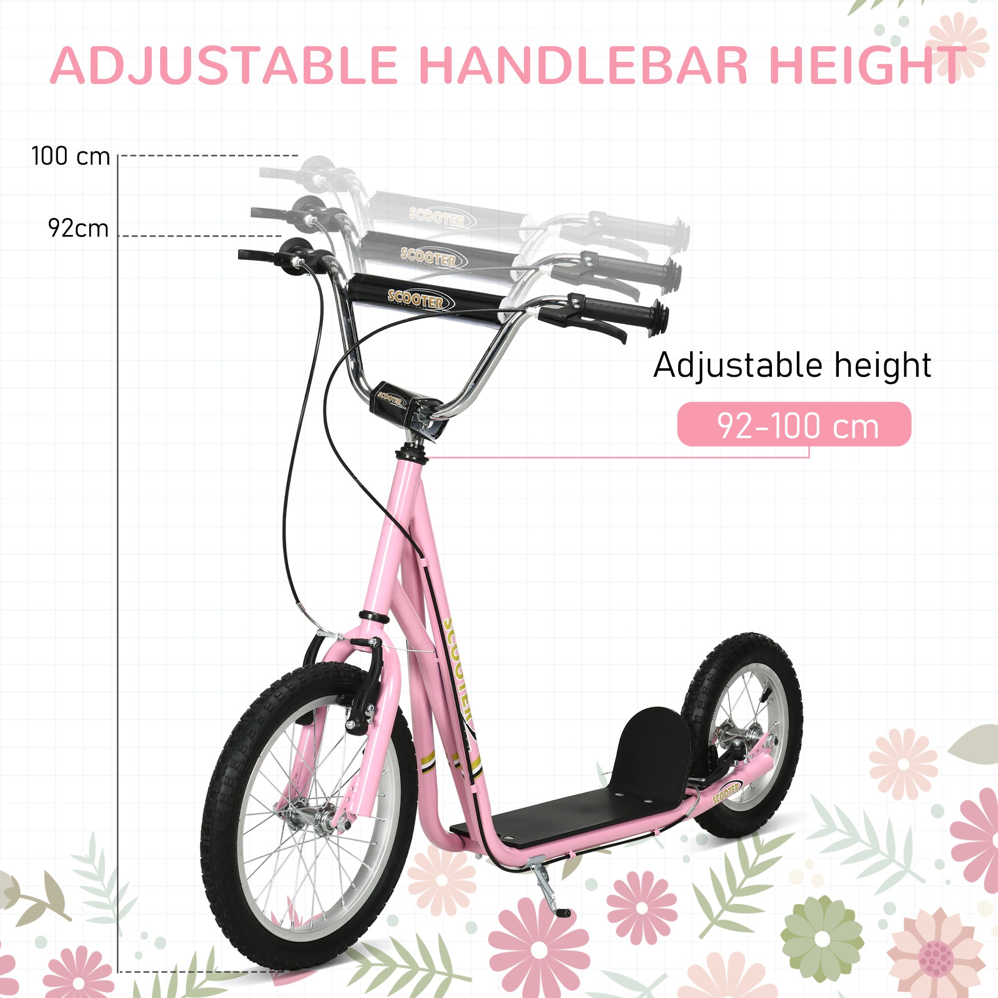 HOMCOM Teen Scooter Push Kick Scooters for Kids with Rubber Wheels Adjustable Handlebar Front Rear Dual Brakes Kickstand, for 5+ Years, Pink - anydaydirect