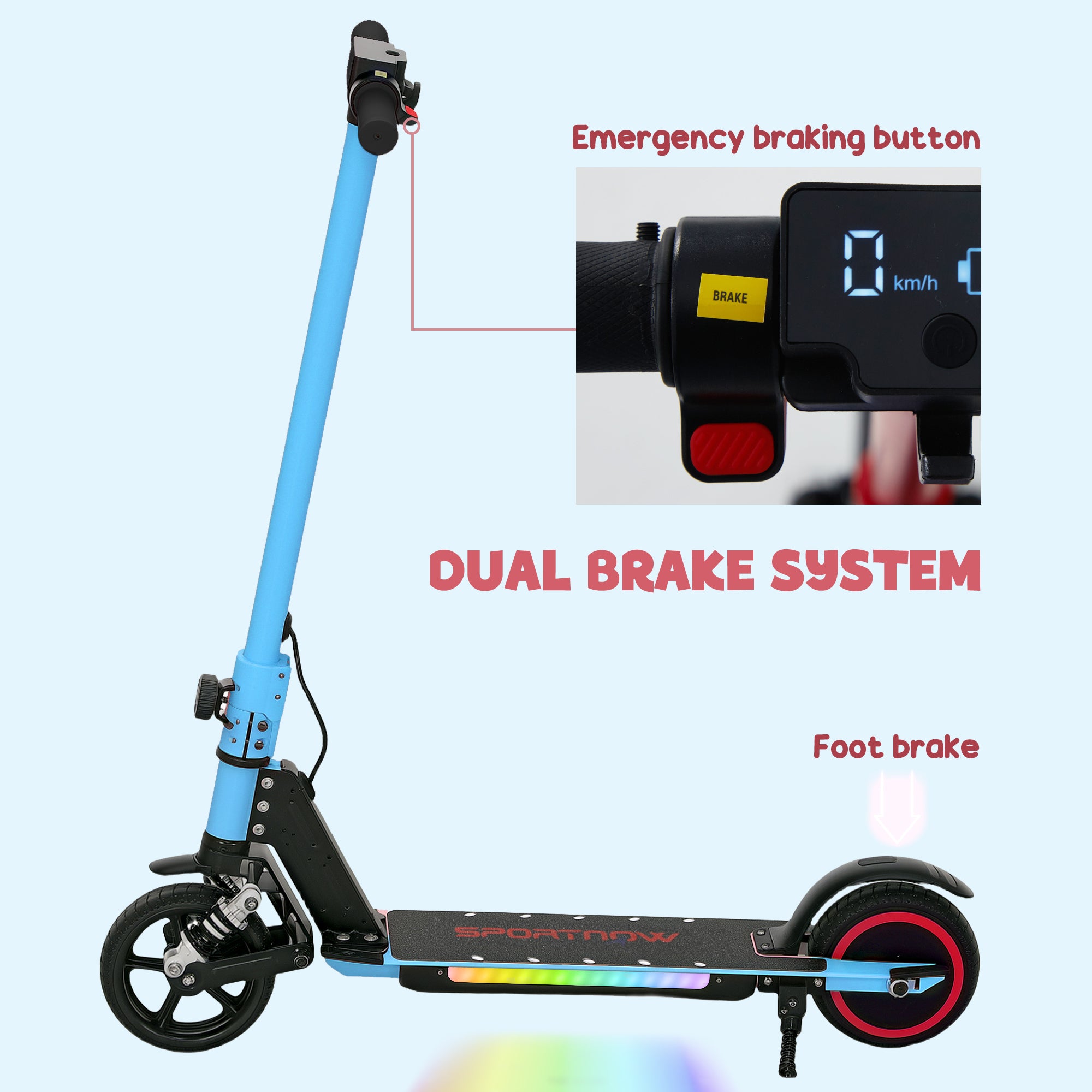 SPORTNOW Folding Electric Scooter for Kids Age 6-14 with Dual Brakes, Front Suspension, LED Colourful Lights and Display, 6.8kg Lightweight Aluminium E Scooter, Up to 14 KM/H & 6 KM, Blue - anydaydirect