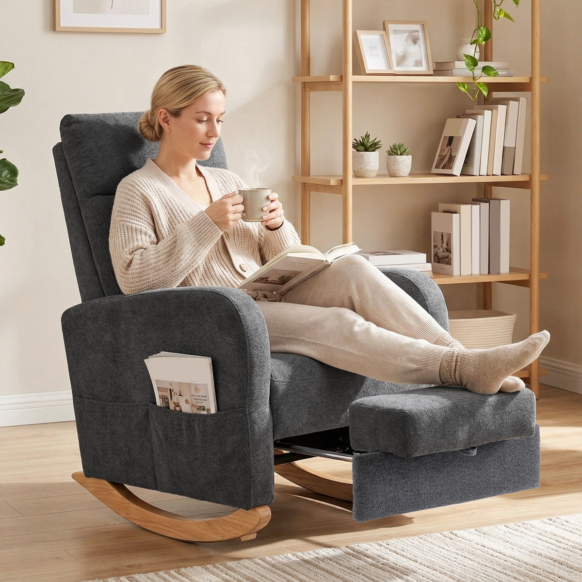 Homer Rocking Chair HOMCOM Upholstered Rocking Chair Retractable Footrest Rocker Chair Hig ...
