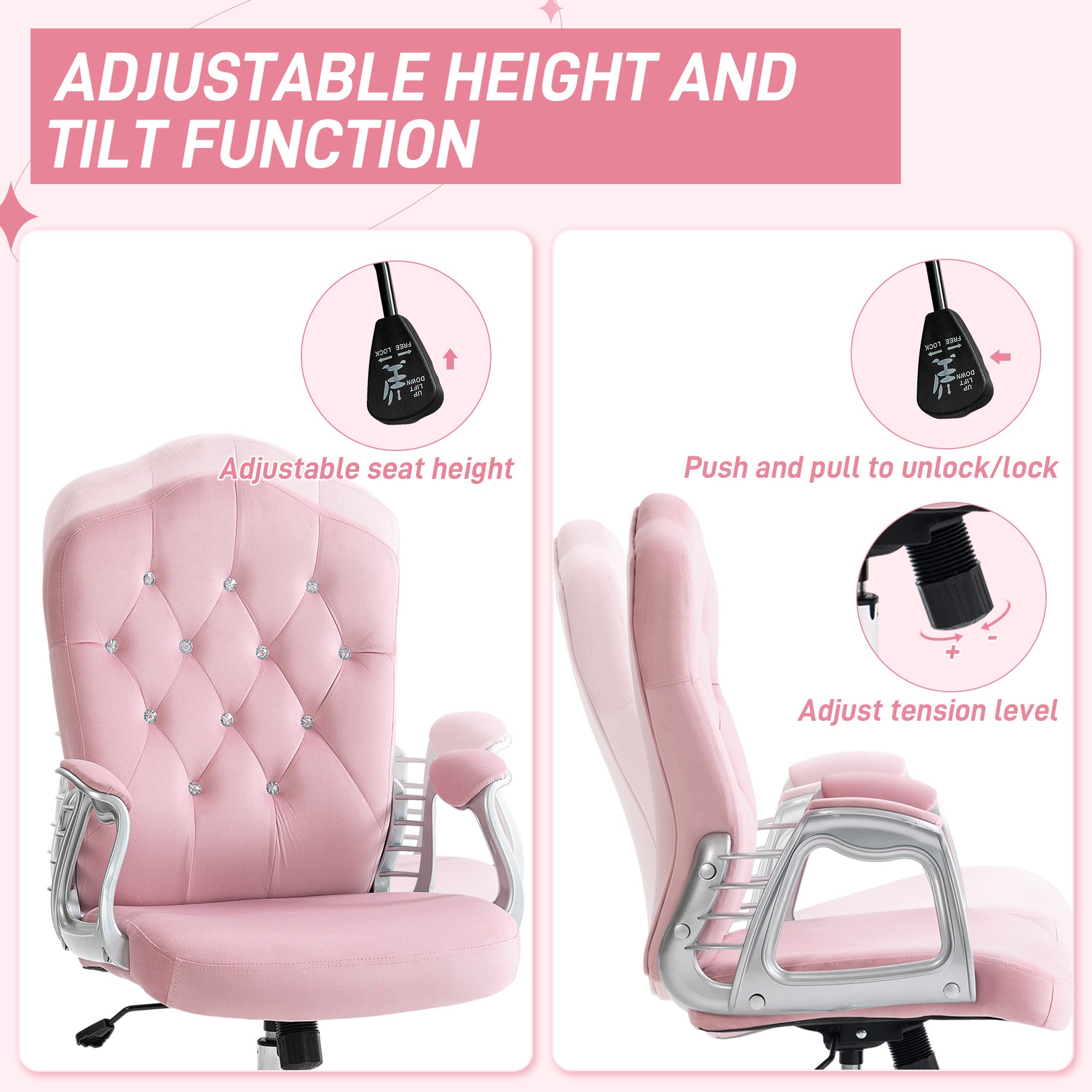 Vinsetto Velvet-Feel Work Chair, with Diamante Back - Pink - anydaydirect