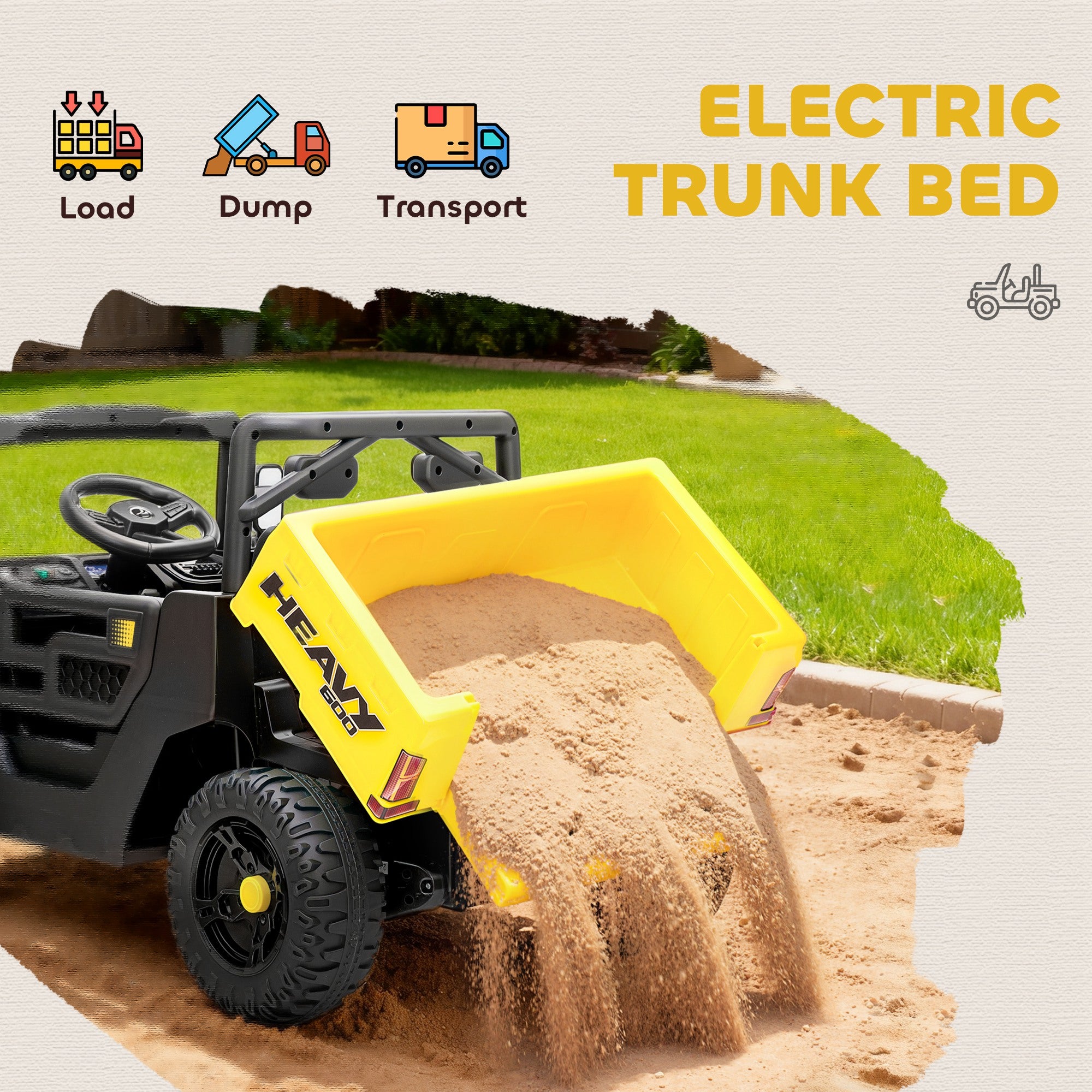 AIYAPLAY Kids Ride on Car, 12V Electric Kids UTV with Electric Dump Bed, 4-Wheel Suspension for 3-8 Years, Yellow - anydaydirect