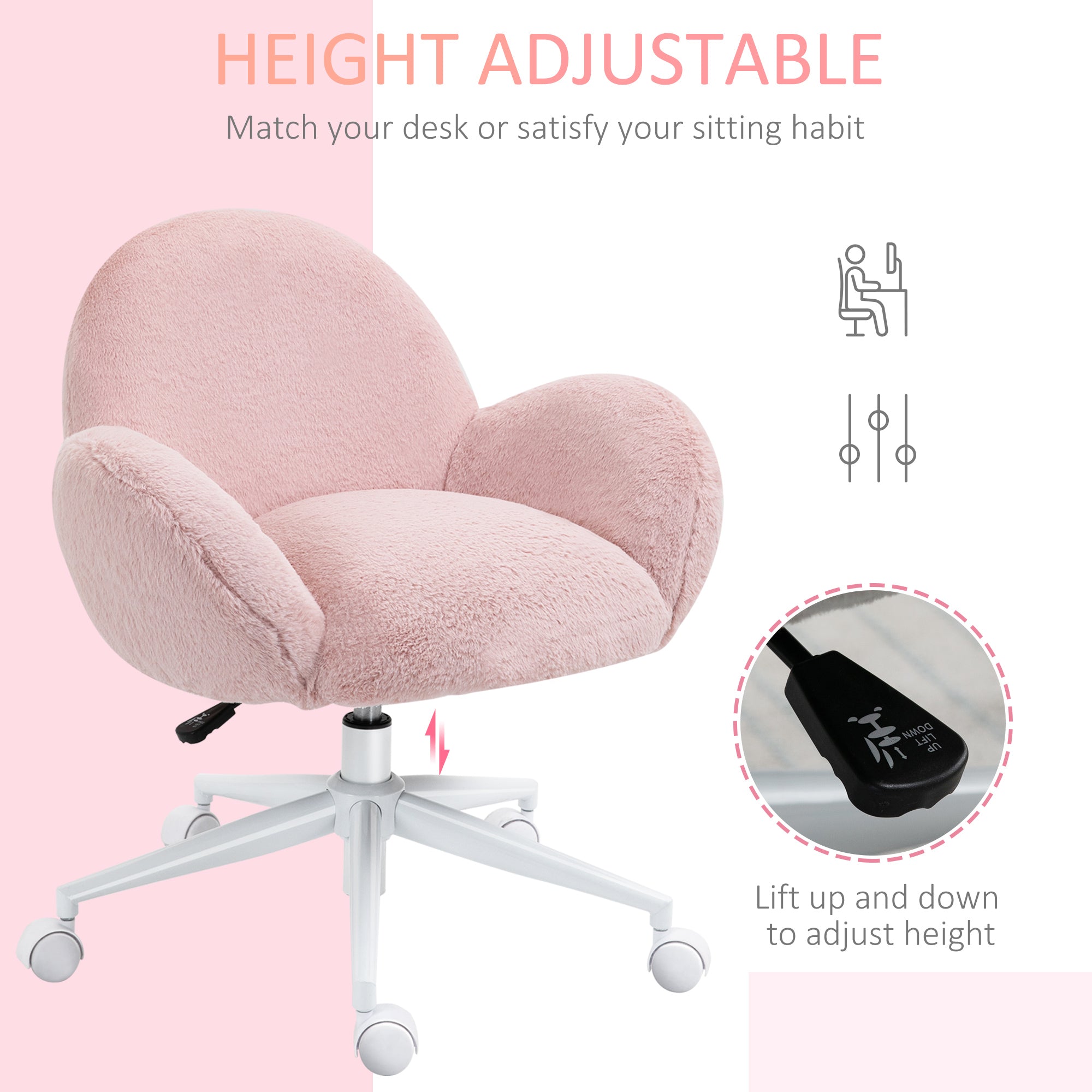 HOMCOM Makeup Vanity Chair, Cute Fluffy Desk Chair with Rolling Wheels for Bedroom Living Room, Pink - anydaydirect