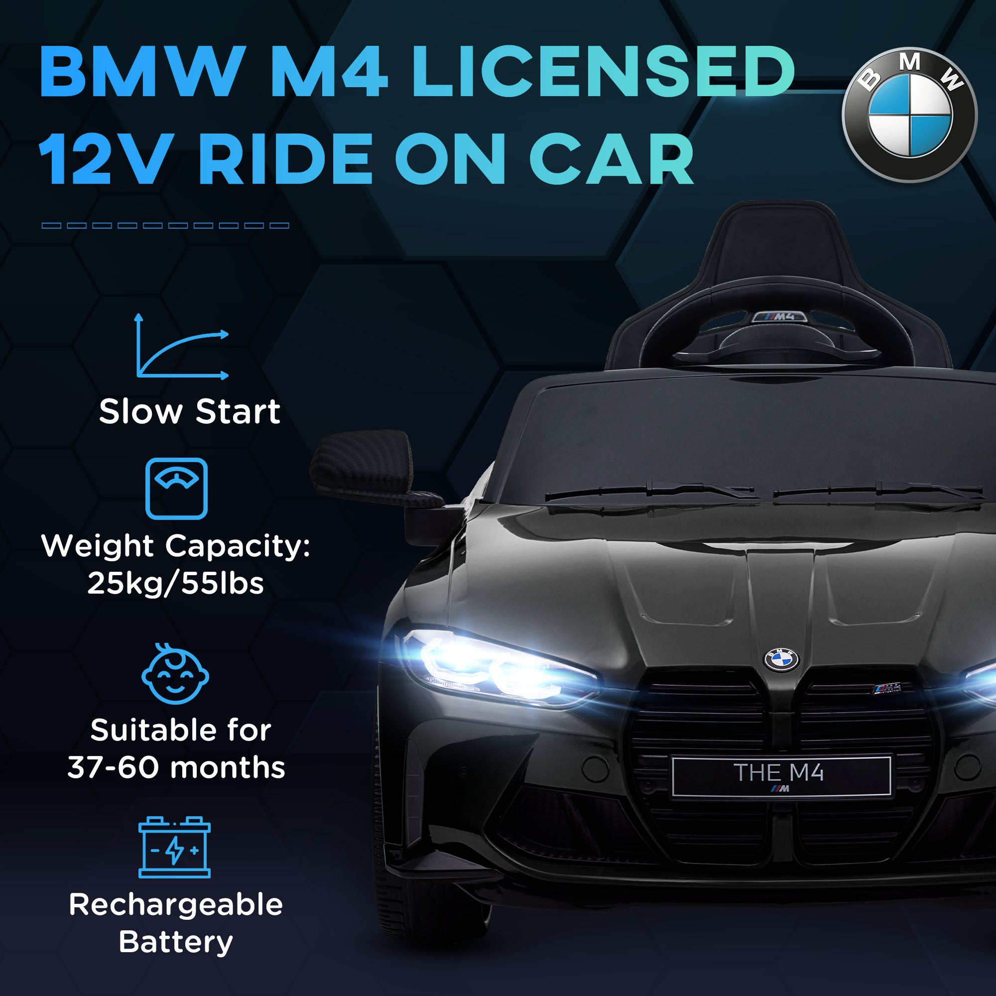 AIYAPLAY 12V BMW M4 Licensed Kids Car with Easy Transport, Remote Control, Suspension, Music, Horn, LED Lights - Black - anydaydirect