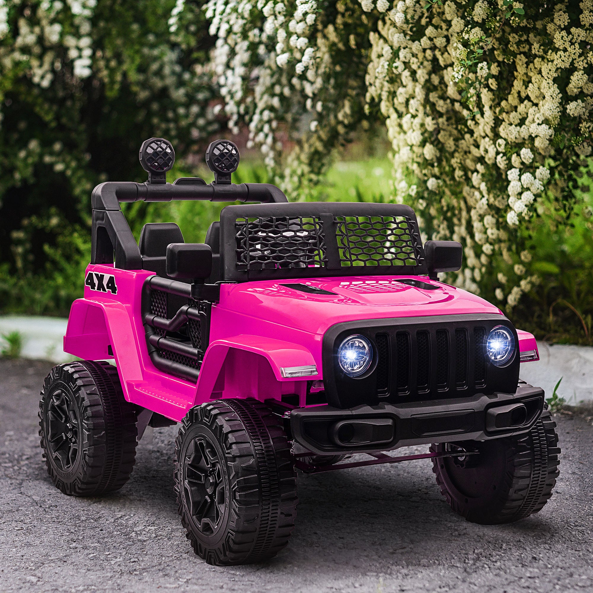 HOMCOM 12V Battery-powered 2 Motors Kids Electric Ride On Car Truck Off-road Toy with Parental Remote Control Horn Lights Suspension Wheels Pink - anydaydirect