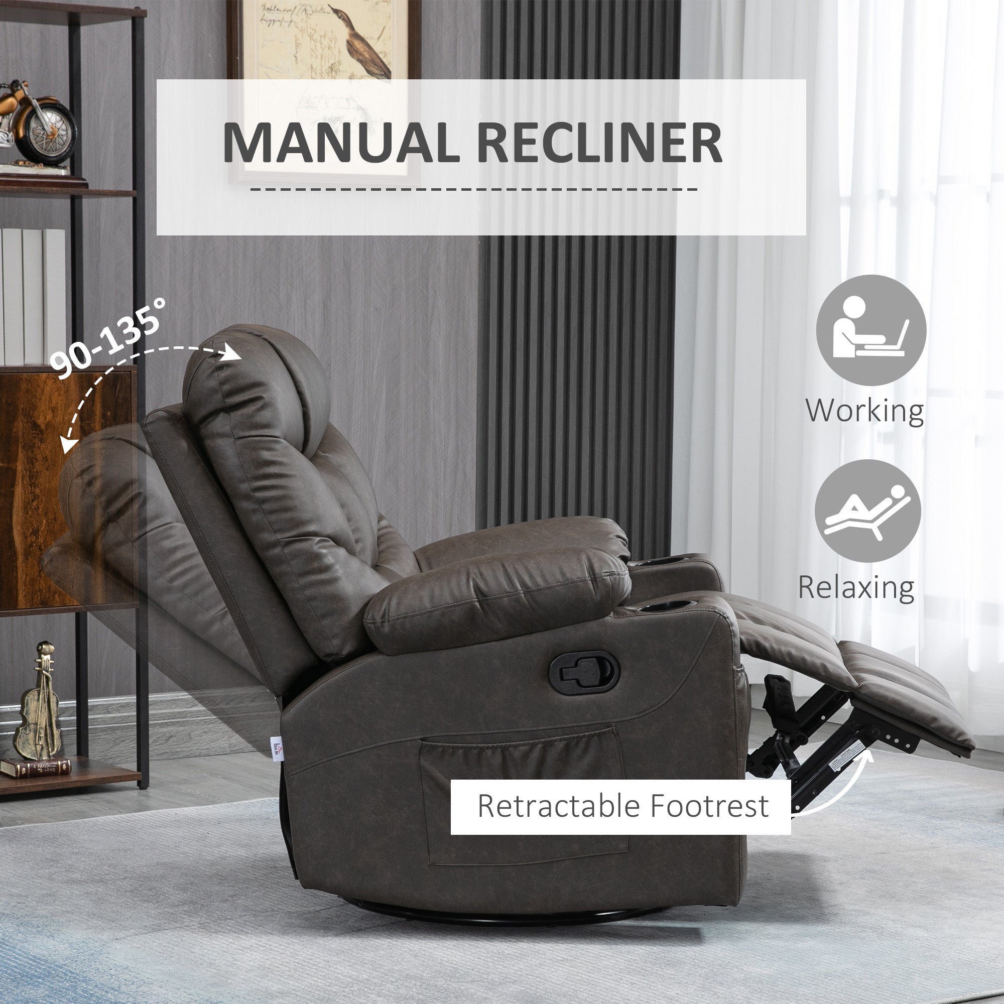 HOMCOM Manual Reclining Chair, Recliner Armchair with Faux Leather, Footrest, Cup Holders, 86x93x102cm, Brown - anydaydirect