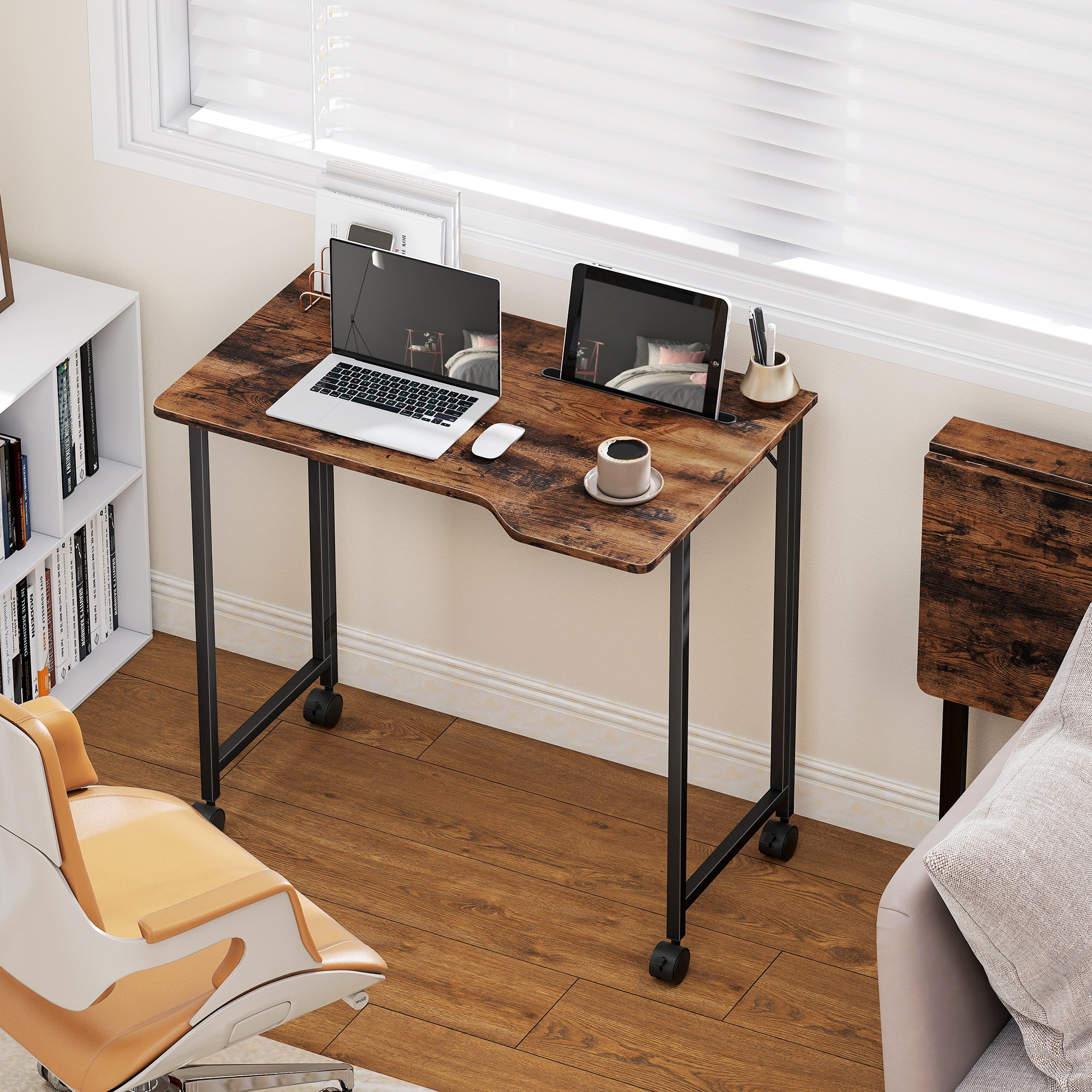 HOMCOM Folding Small Desk on Wheels - Rustic Brown - anydaydirect